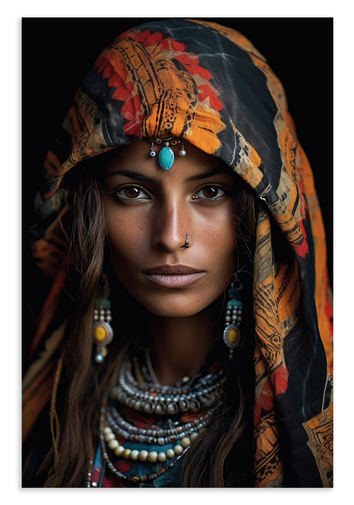 Canvas schilderij Vrouw 4: vrouwenportret met kleurrijke hoofddoek en kralensieraden.