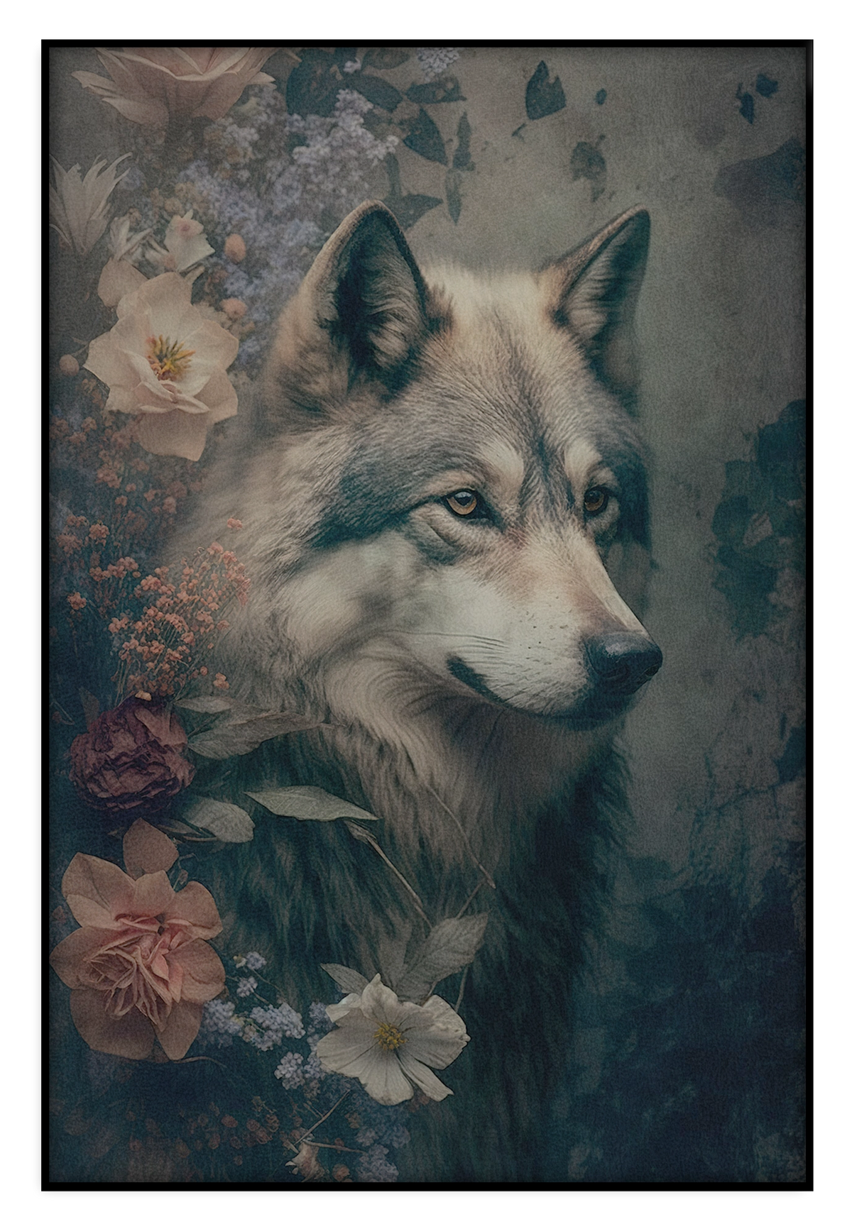 Akoestisch paneel Wolf: wolf in profiel tussen rozen en lichte bloemen.