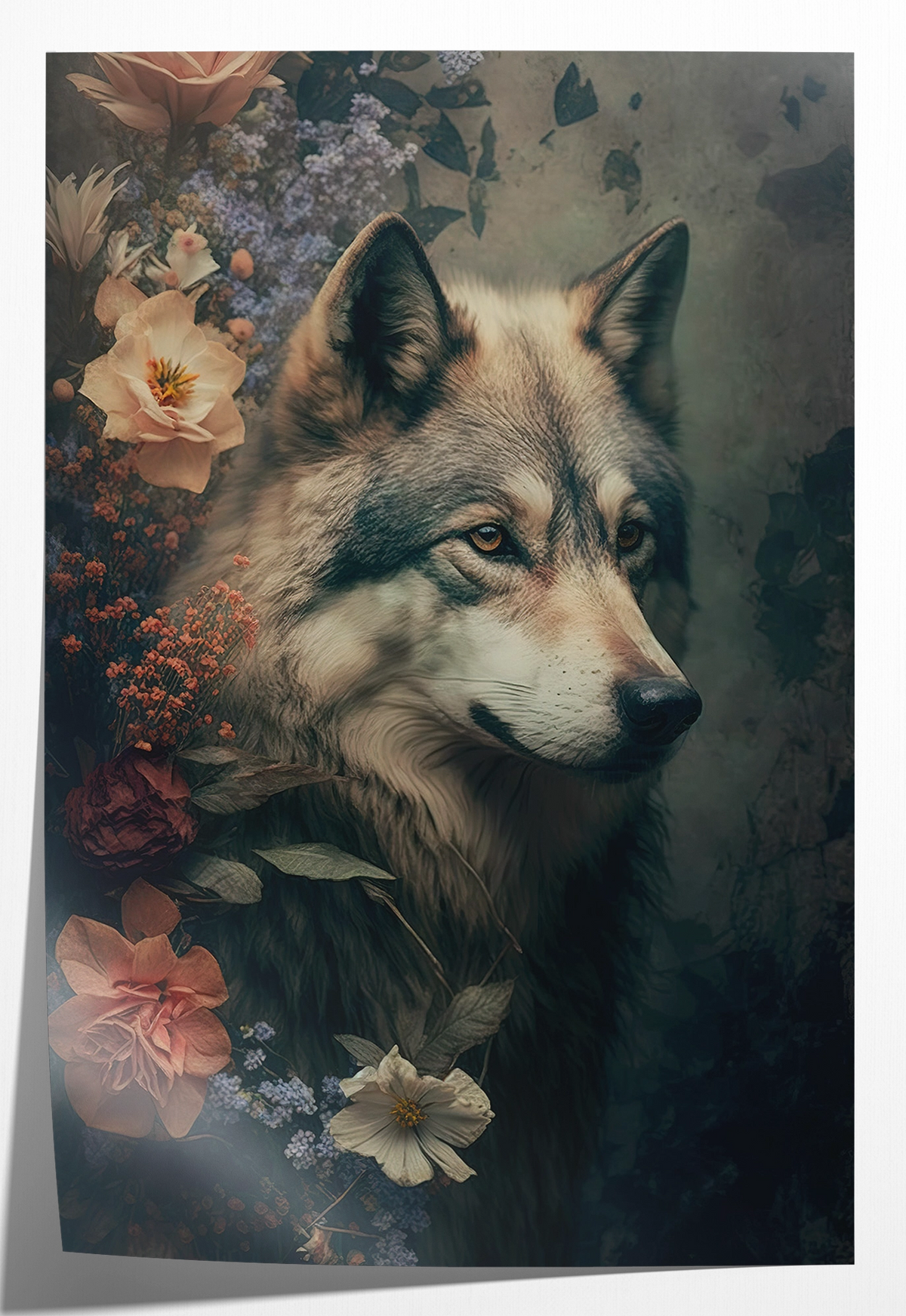 Papieren poster Wolf: wolf in profiel tussen rozen en lichte bloemen.