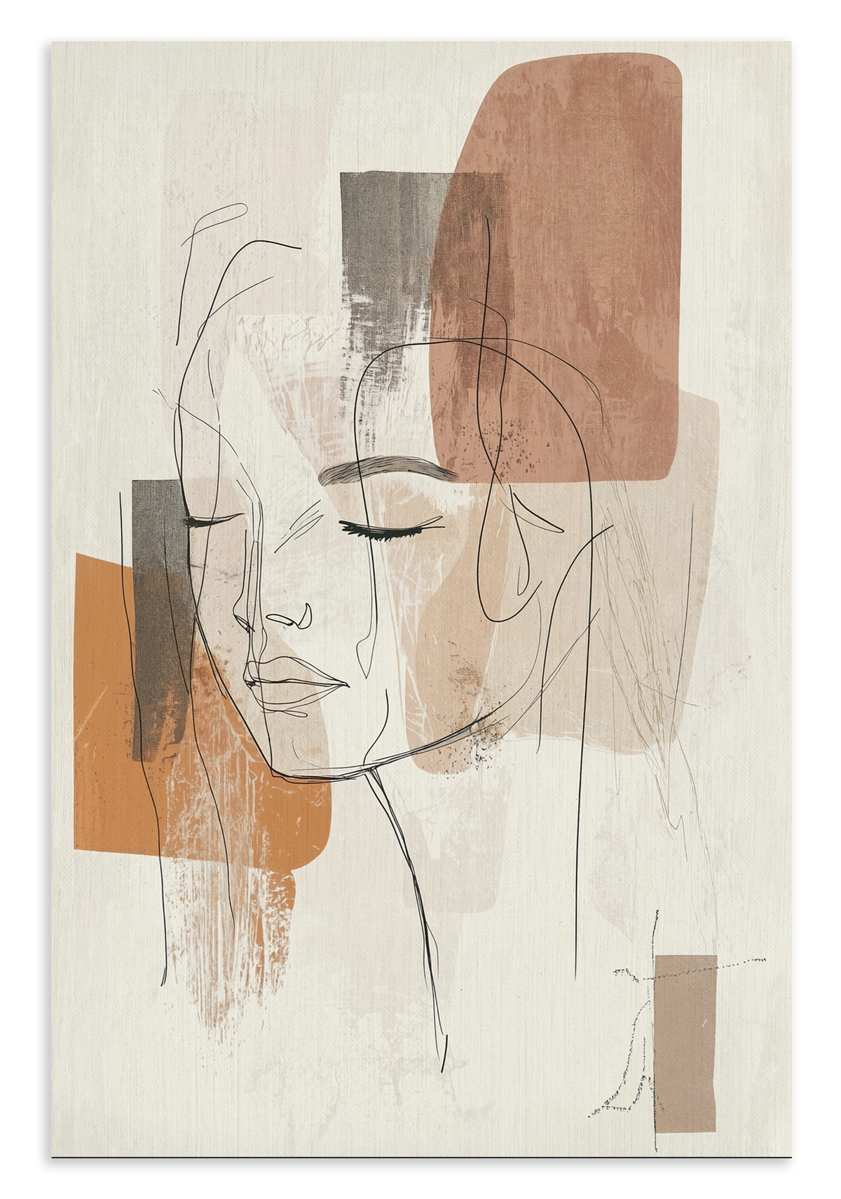 Canvas schilderij Ysra: lijntekening van een vrouwengezicht met abstracte beige kleurvlakken.