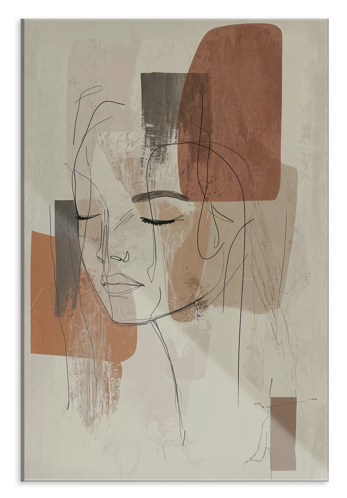 Plexiglas schilderij Ysra: lijntekening van een vrouwengezicht met abstracte beige kleurvlakken.