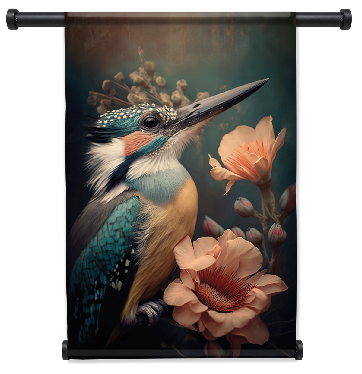 Wandkleed Ijsvogel 2: blauw-oranje ijsvogel tussen roze bloemen.