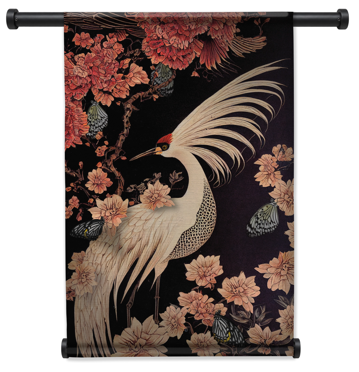 Wandkleed Japanse kraanvogel: witte kraanvogel met gespreide vleugel tussen roze bloemen.