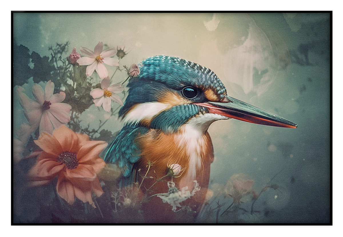 Akoestisch paneel Ijsvogel 5: blauw-oranje ijsvogel tussen bloemen tegen een zachte groene achtergrond.
