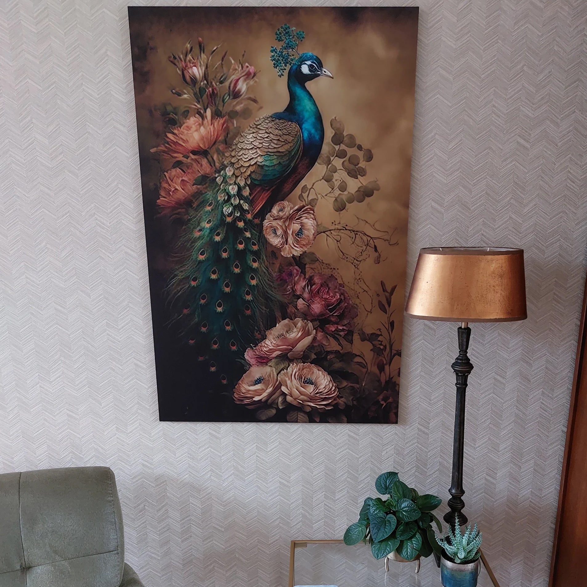 klantfoto schilderij met pauw