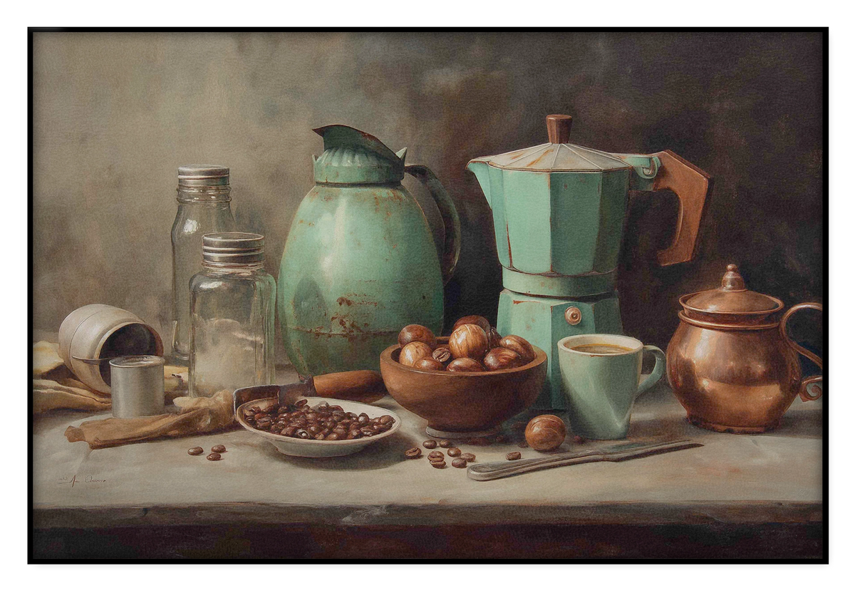 Akoestisch paneel Koffie: stilleven met koffiepotten, kopjes en koffiebonen.