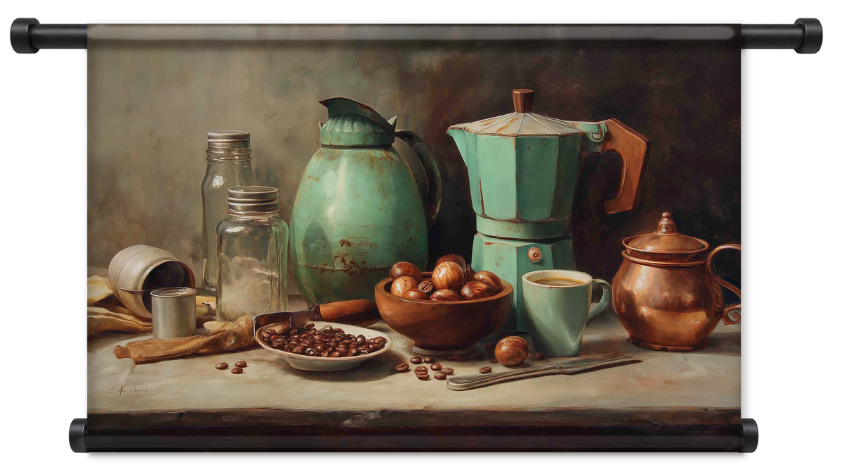 Wandkleed Koffie: stilleven met koffiepotten, kopjes en koffiebonen.