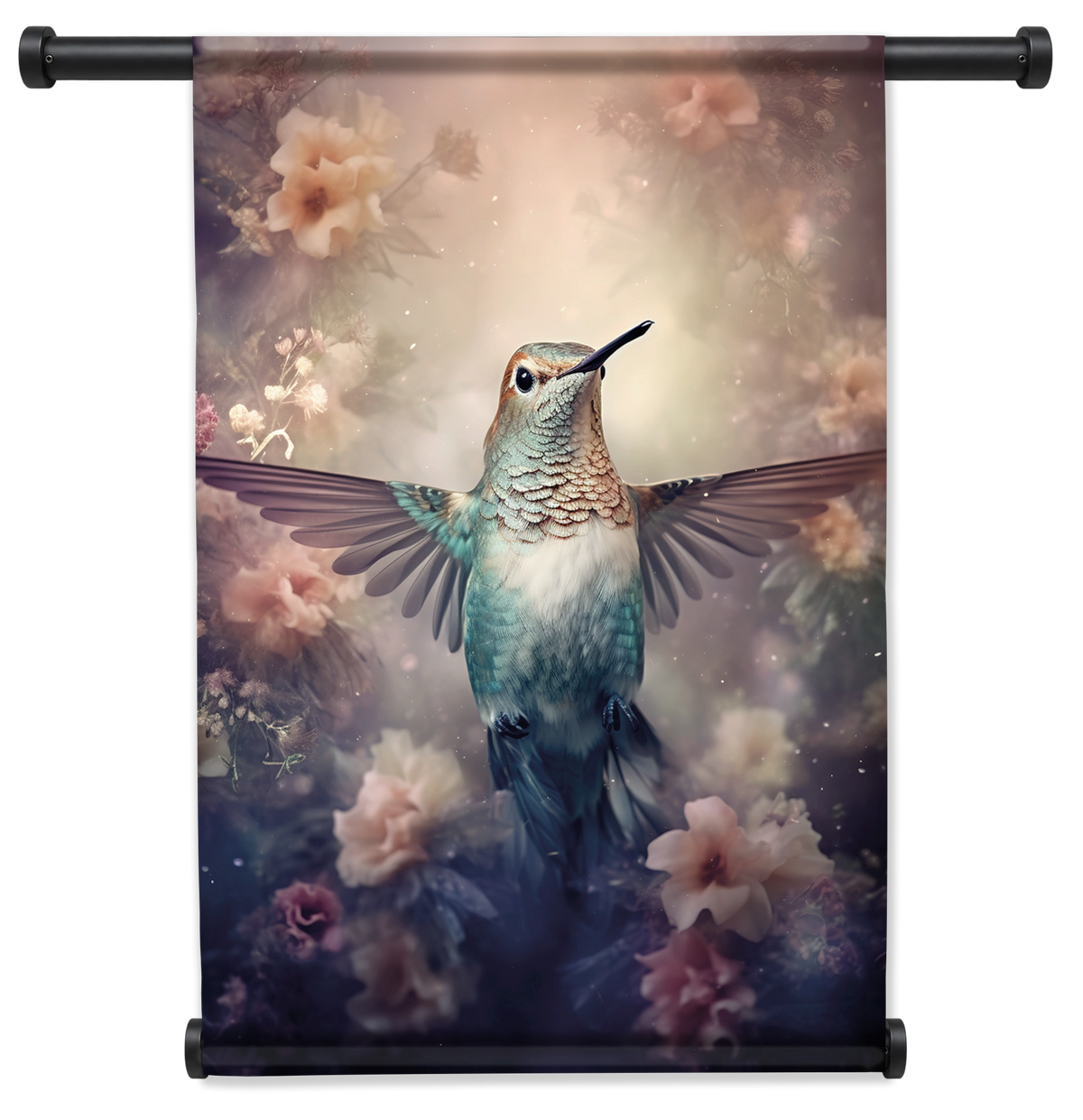 Wandkleed Kolibri: kolibri met gespreide vleugels tussen zachte roze bloemen.