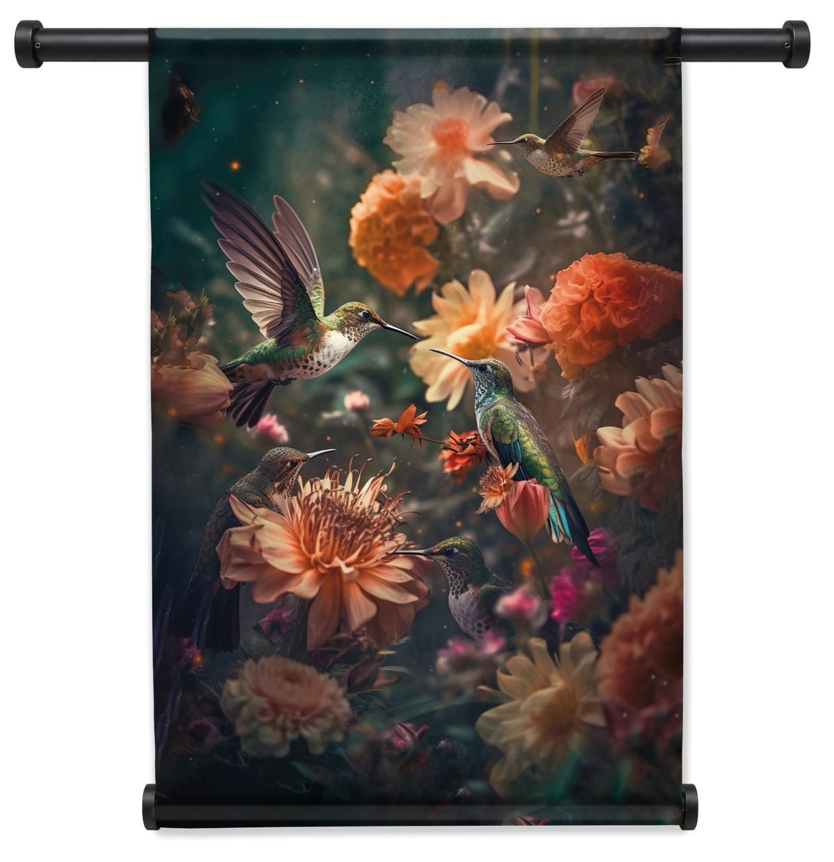 Wandkleed Kolibries 2: kolibries tussen kleurrijke oranje en roze bloemen.