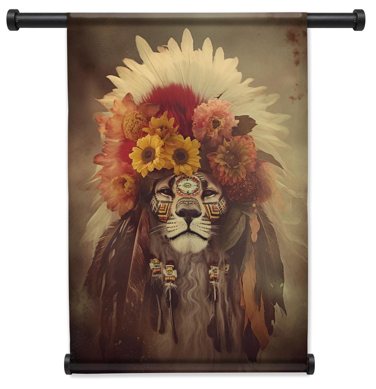 Wandkleed Leeuw 3: leeuw met een grote bloemen- en verenhoofdtooi.