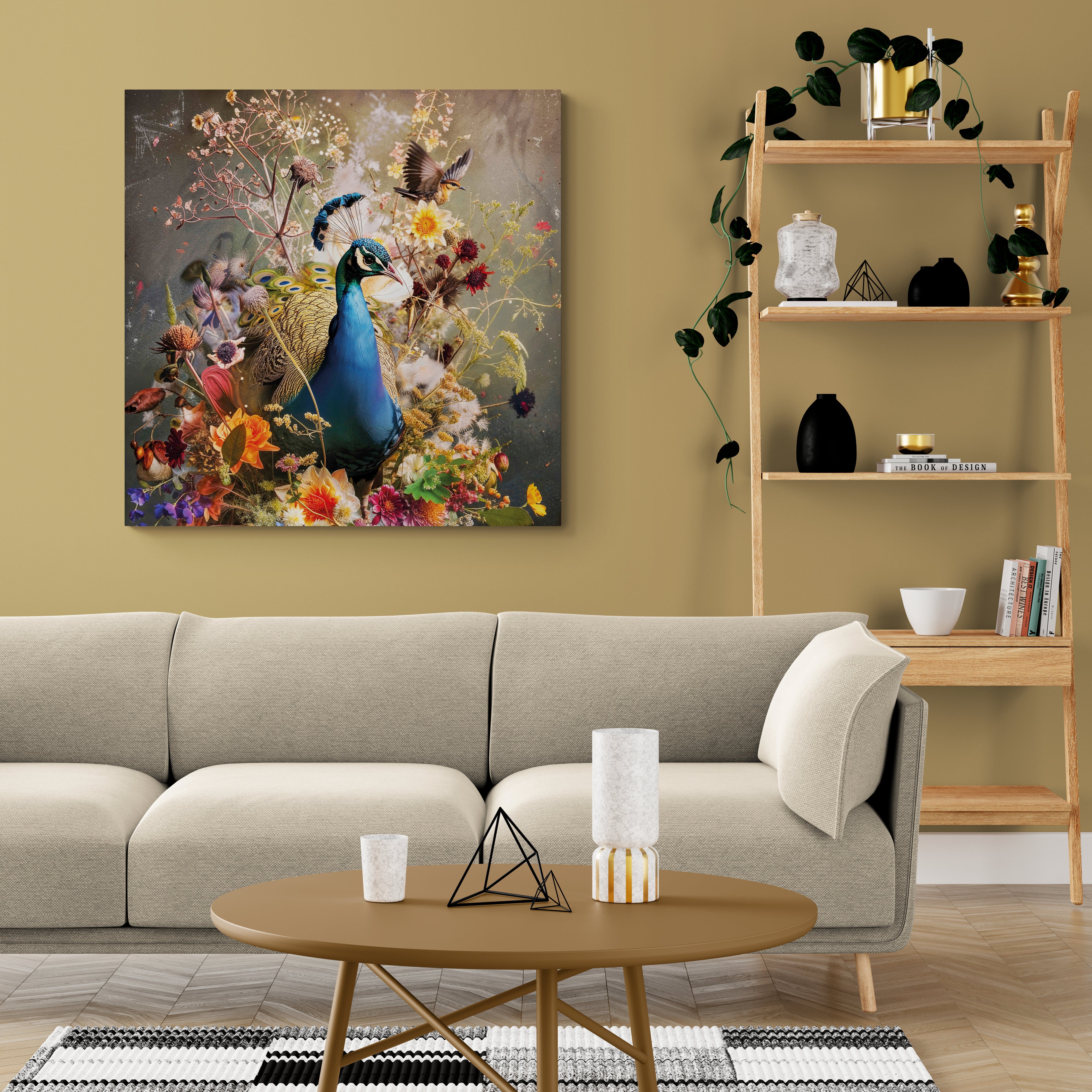 Vierkant schilderij met pauw woonkamer