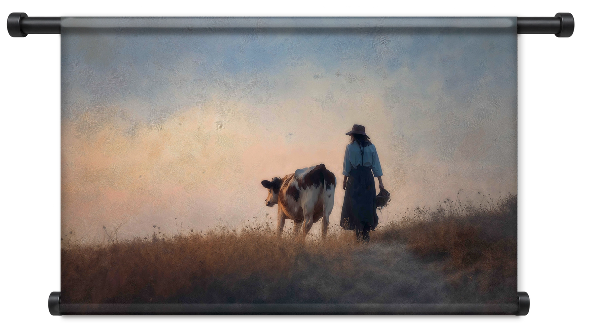 Wandkleed Meisje en de koe 2: meisje in blauwe kleding naast een koe in een weids landschap.