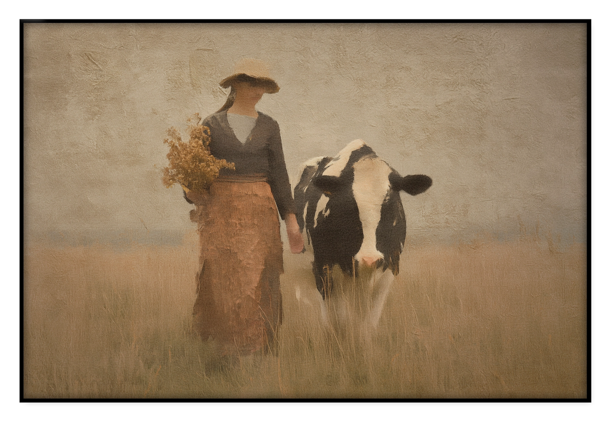 Akoestisch paneel Meisje en de koe 3: vrouw met hoed en boeket naast een zwart-witte koe in een veld.