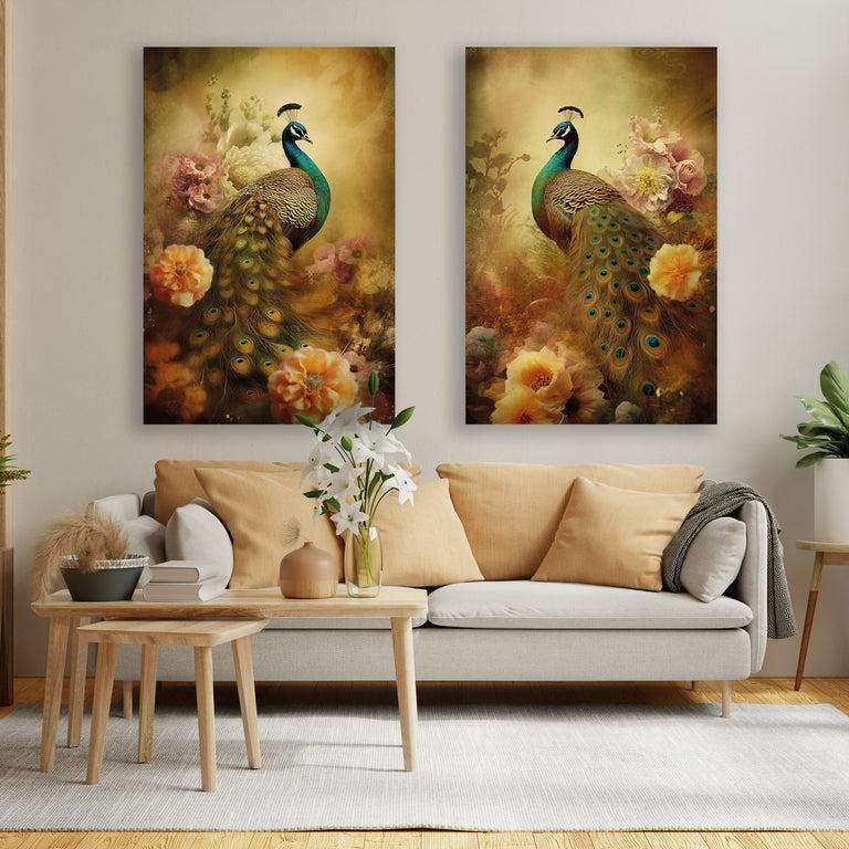 Botanische poster van een pauw omgeven door bloemen.