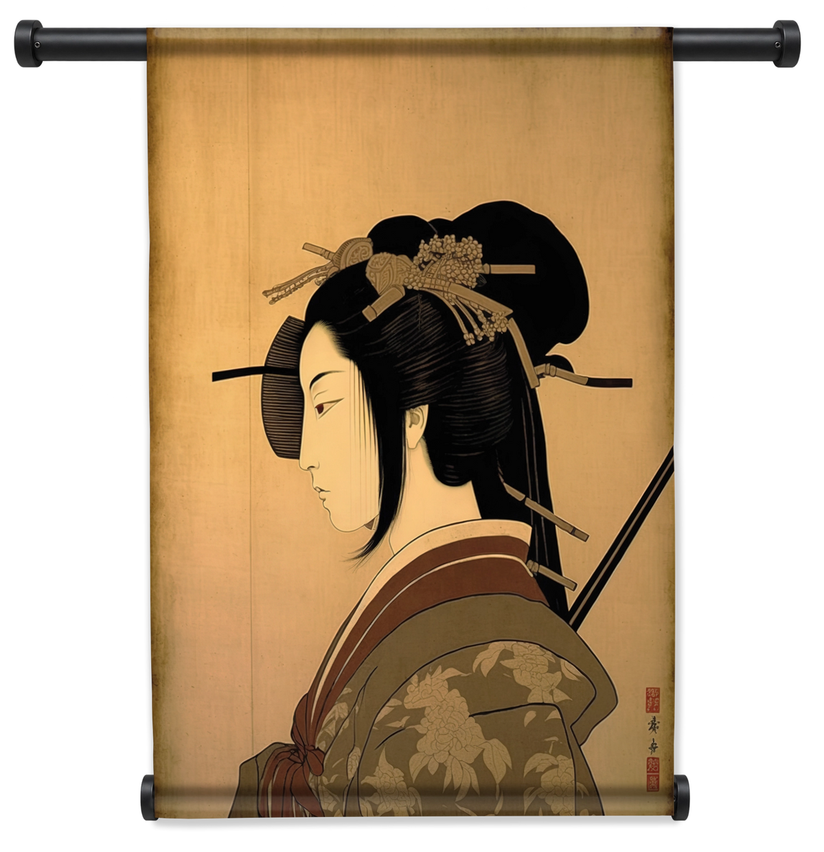 Wandkleed Samurai: Japanse vrouw in profiel met opgestoken haar en haarspelden.