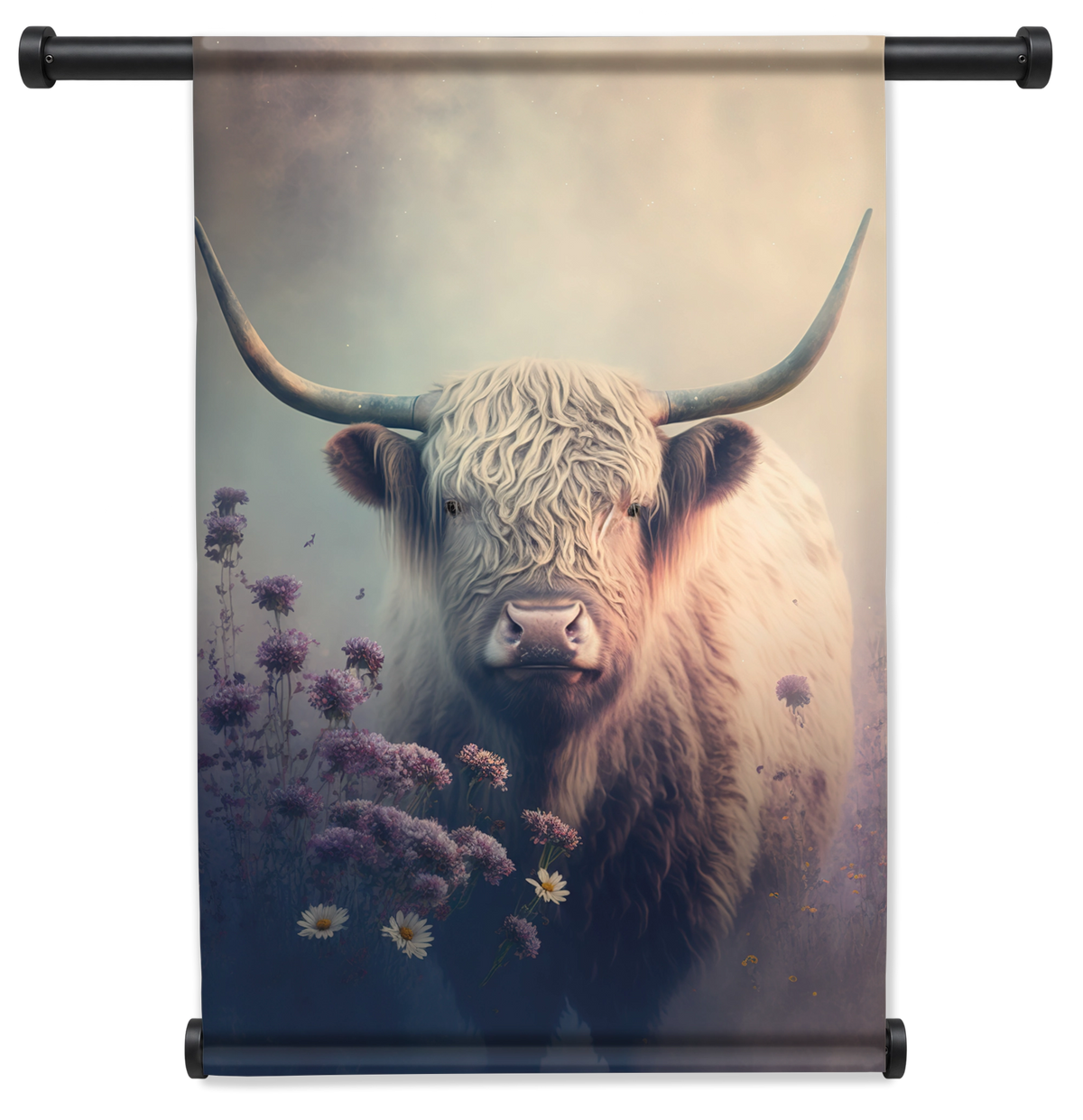 Wandkleed Schotse hooglander 2: Schotse hooglander met lange hoorns tussen paarse bloemen.