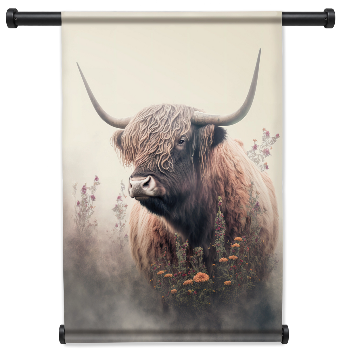 Wandkleed Schotse hooglander 3: Schotse hooglander tussen bloemen tegen een lichte achtergrond.