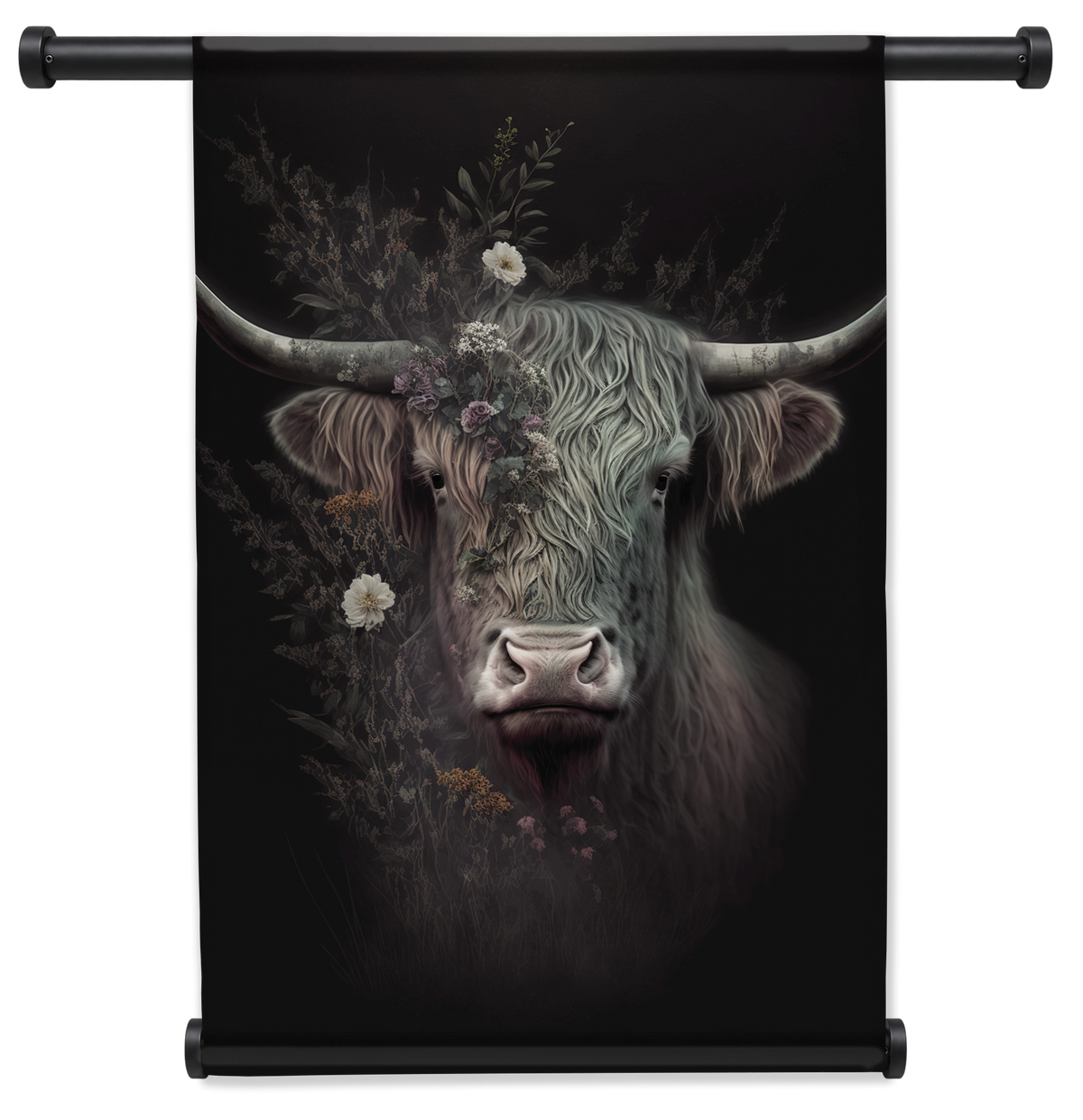 Wandkleed Schotse hooglander: donkere Schotse hooglander met grote hoorns en bloemen.