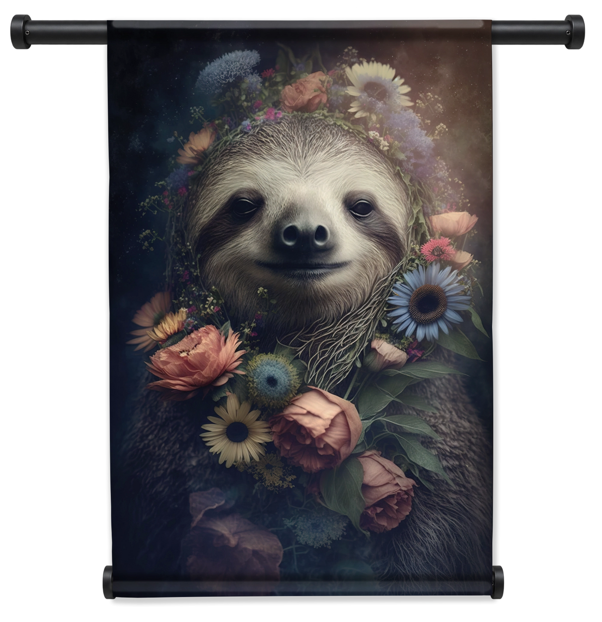 Wandkleed Sloth: luiaard tussen roze en blauwe bloemen.