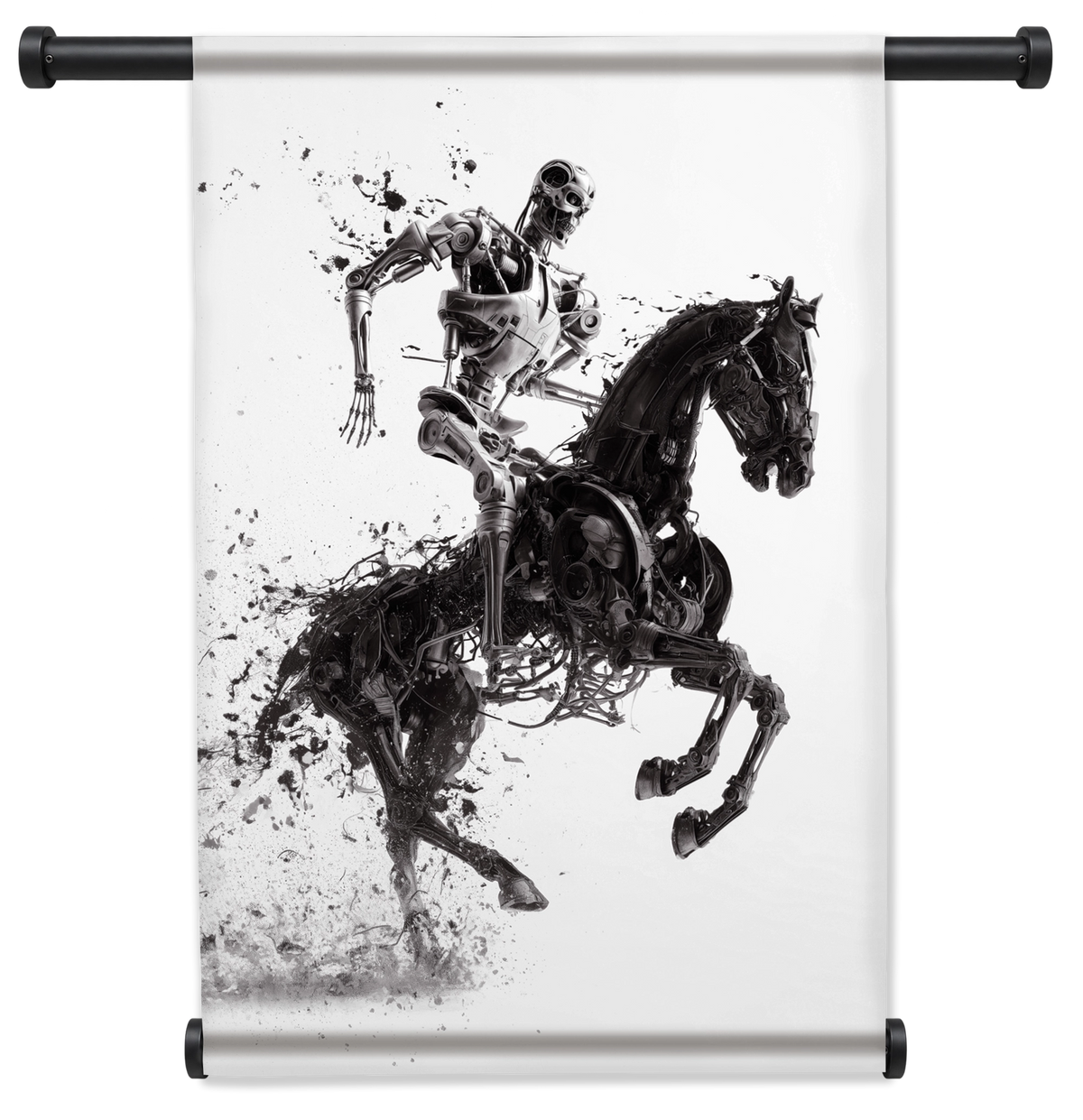 Wandkleed T100 op paard: metalen robot op een steigerend paard in zwart-wit.