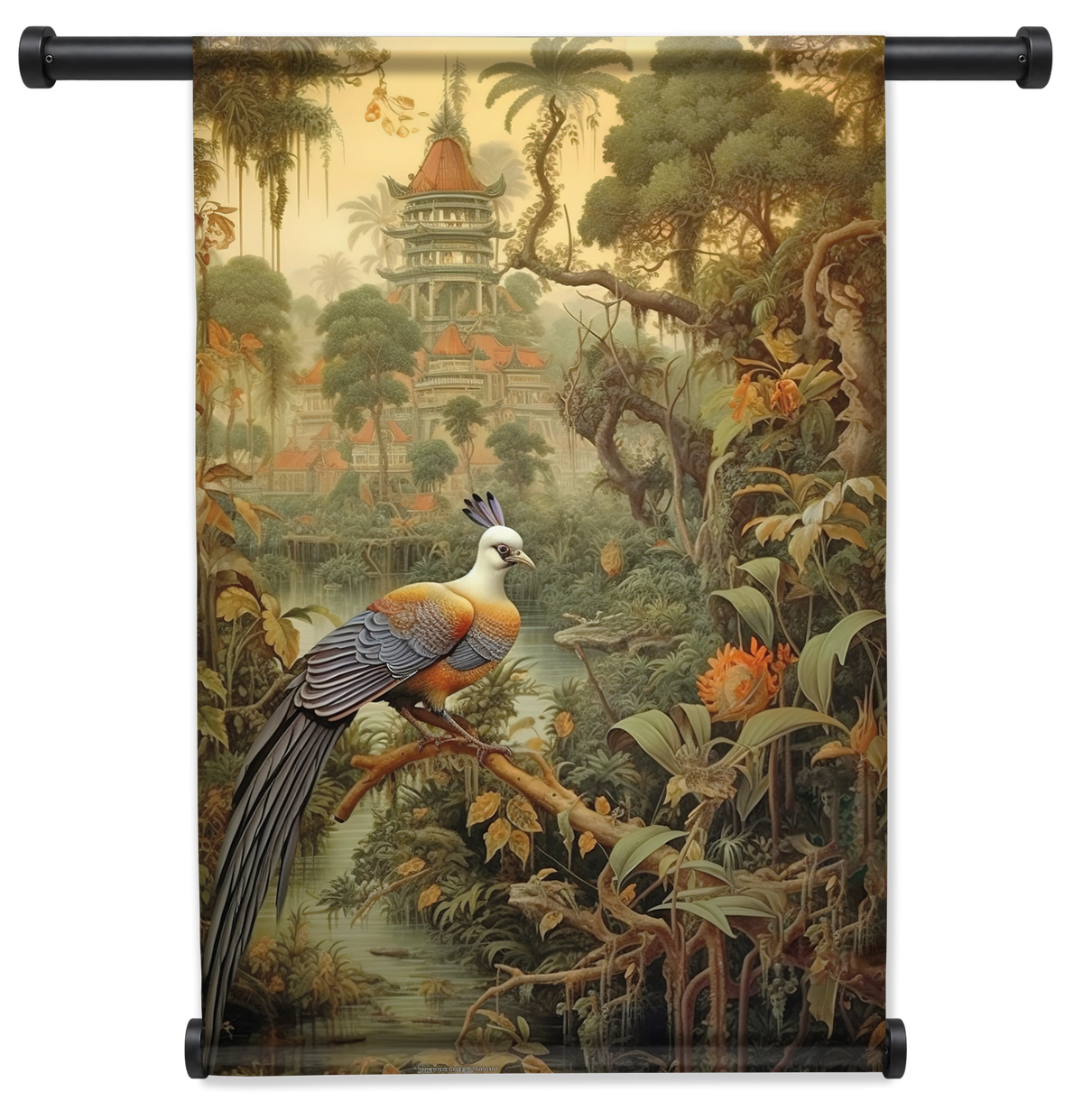 Wandkleed Vogel: kleurrijke vogel in een tropisch landschap met tempel.