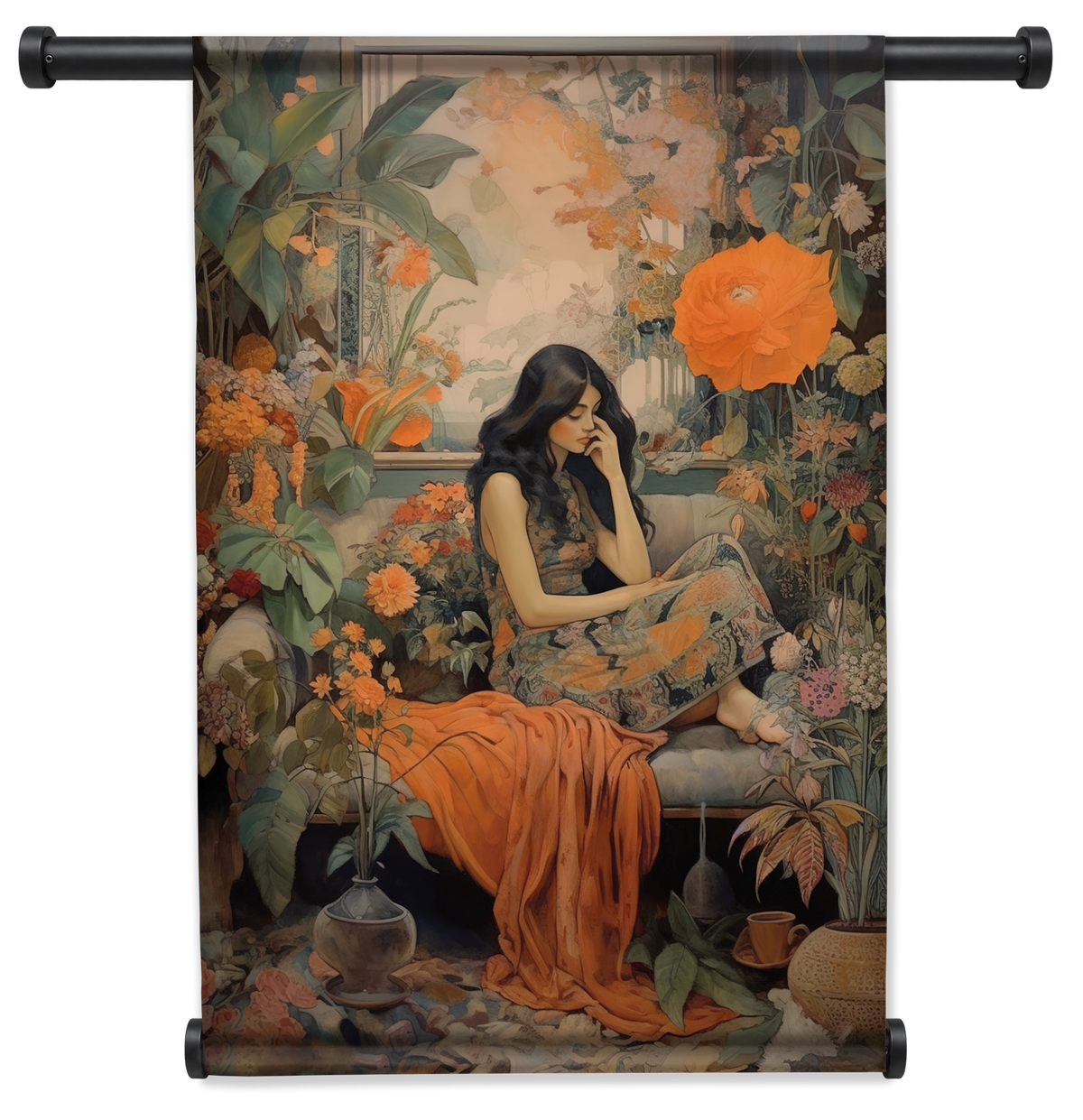 Wandkleed Vrouw 2: zittende vrouw in oranje kleding tussen bloemen en bladeren.