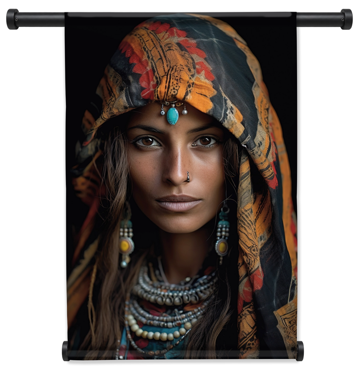 Wandkleed Vrouw 4: vrouwenportret met kleurrijke hoofddoek en kralensieraden.