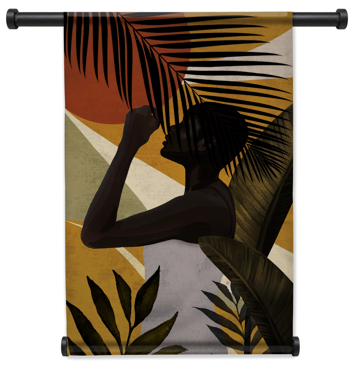 Wandkleed Vrouw 7: silhouet van een vrouw tussen grote tropische bladeren.