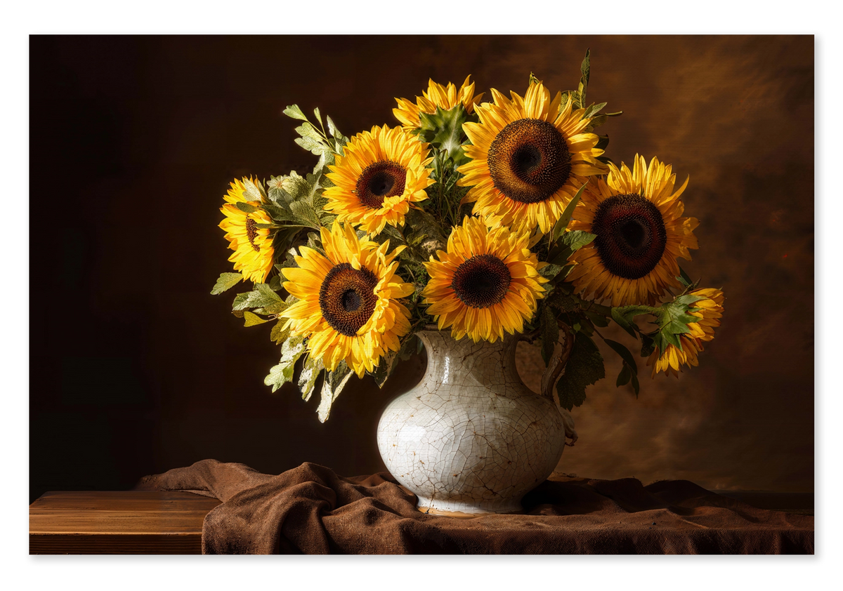 Zonnebloemen op canvas: gele zonnebloemen in een lichte vaas op een houten tafel tegen een warme, donkere achtergrond.