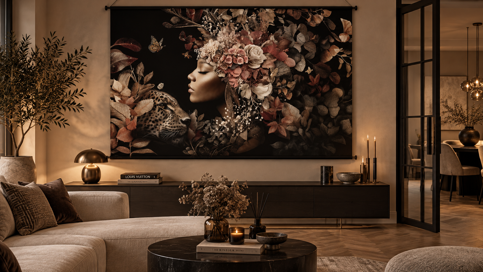Vrouwenportret van achteren met kleurrijke bloemenkroon en vlinders boven een houten dressoir.