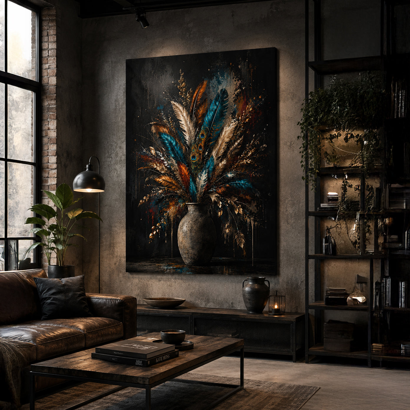 industrieel interieur schilderij met bloemen