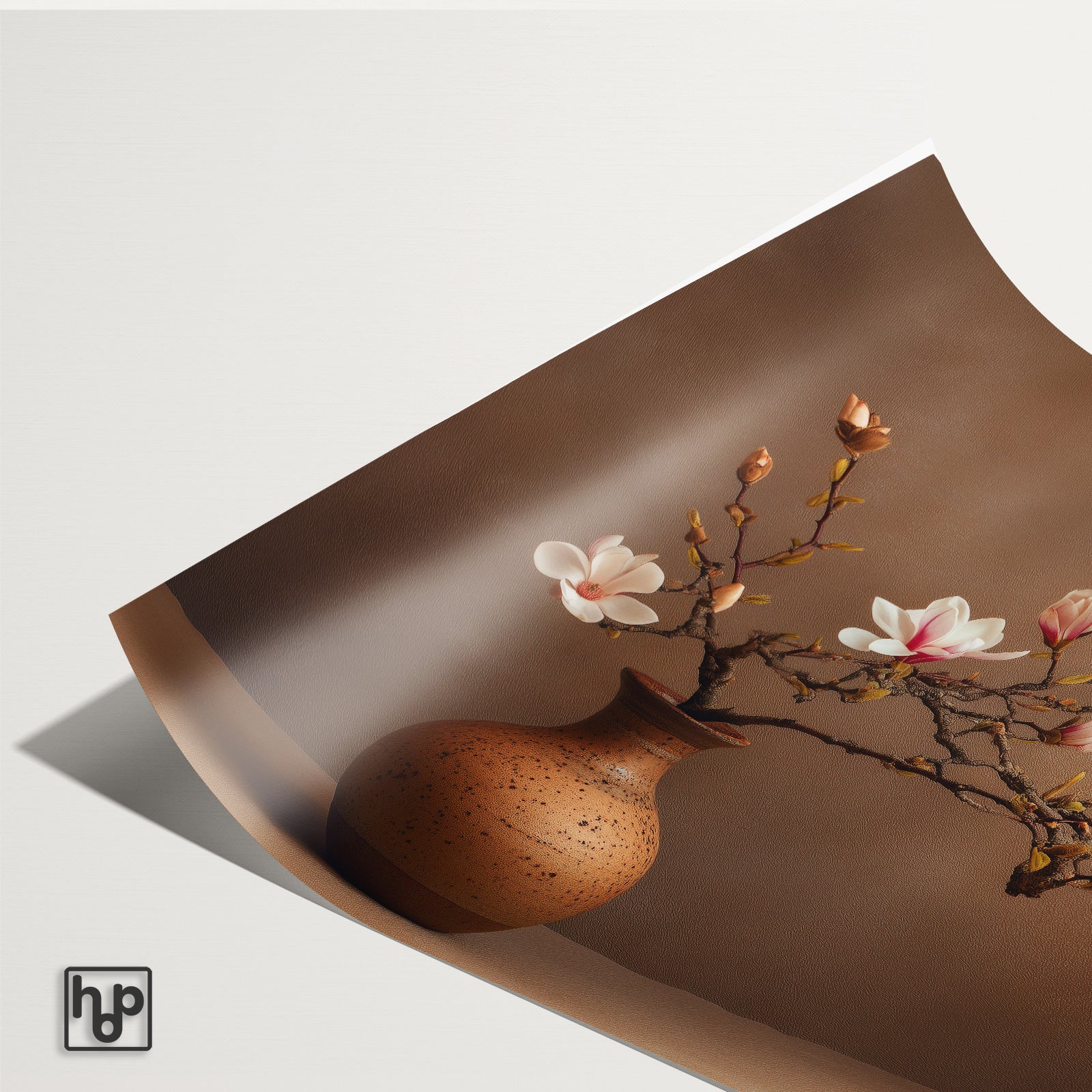 Detail van papieren poster Bloemen 17 met een licht omkrullende hoek.