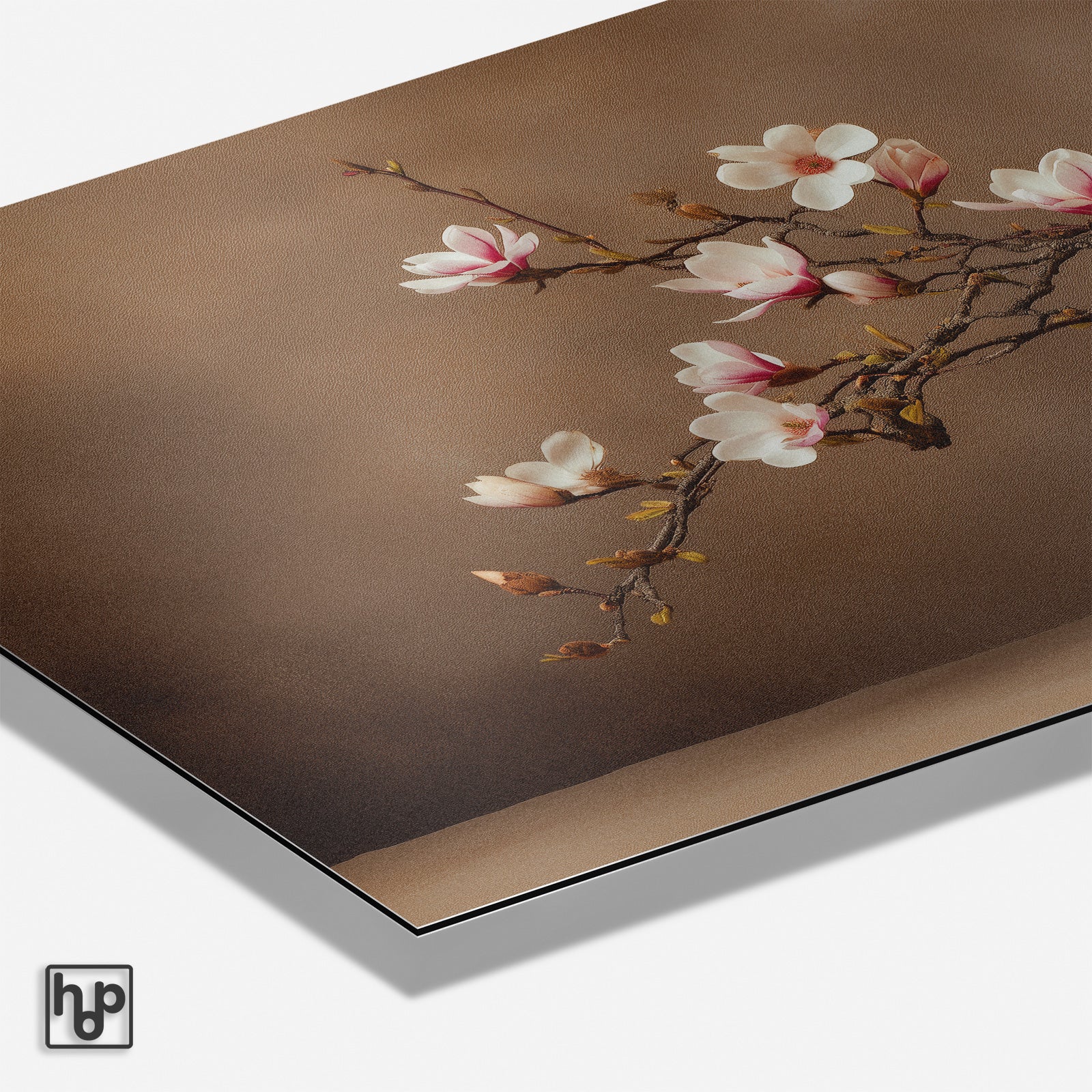 Detail van aluminium Dibond schilderij Bloemen 17 met matte afwerking en zichtbare paneelrand.