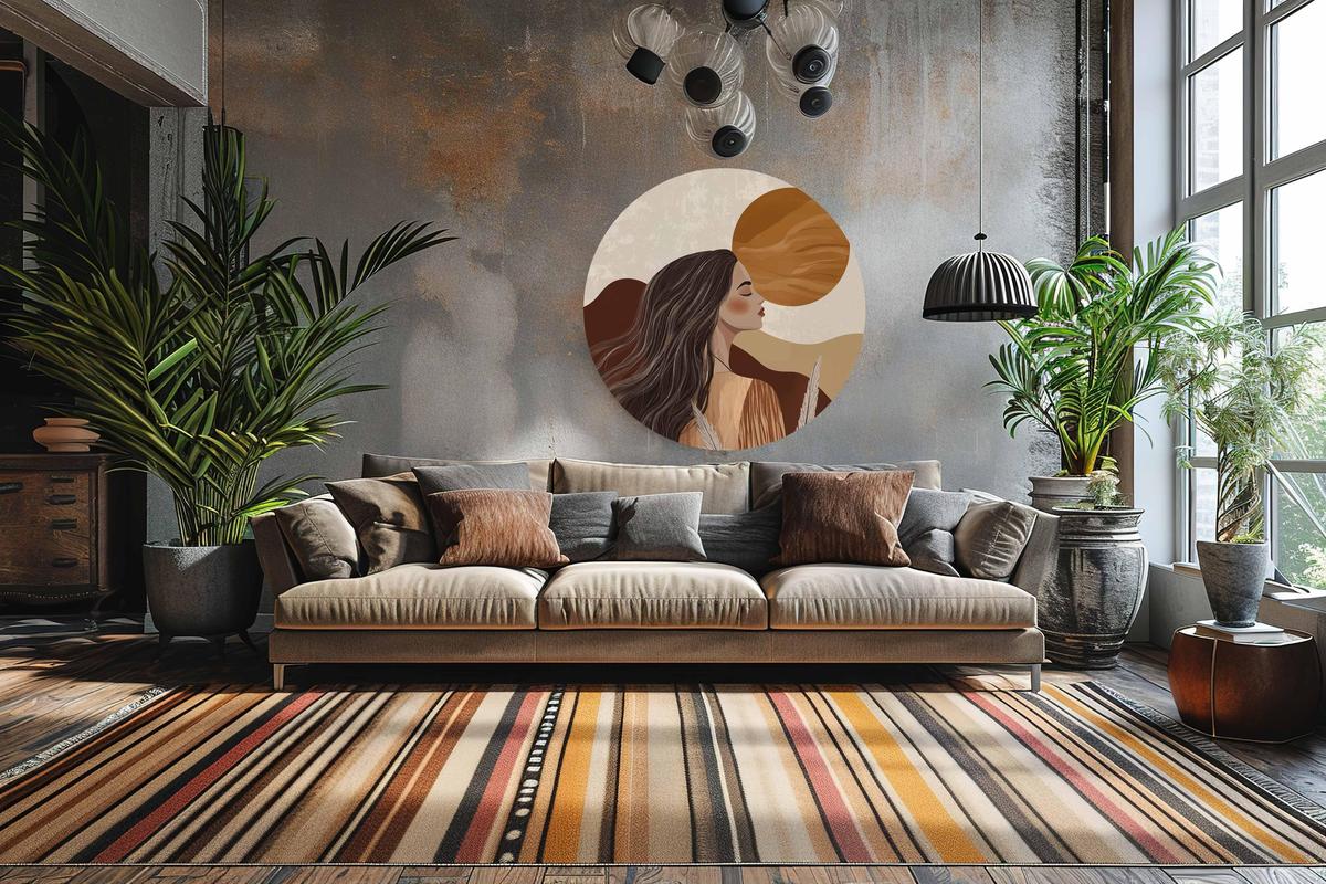 Ronde muurdecoratie met boho vrouw, zon en natuur in rustige aardetinten