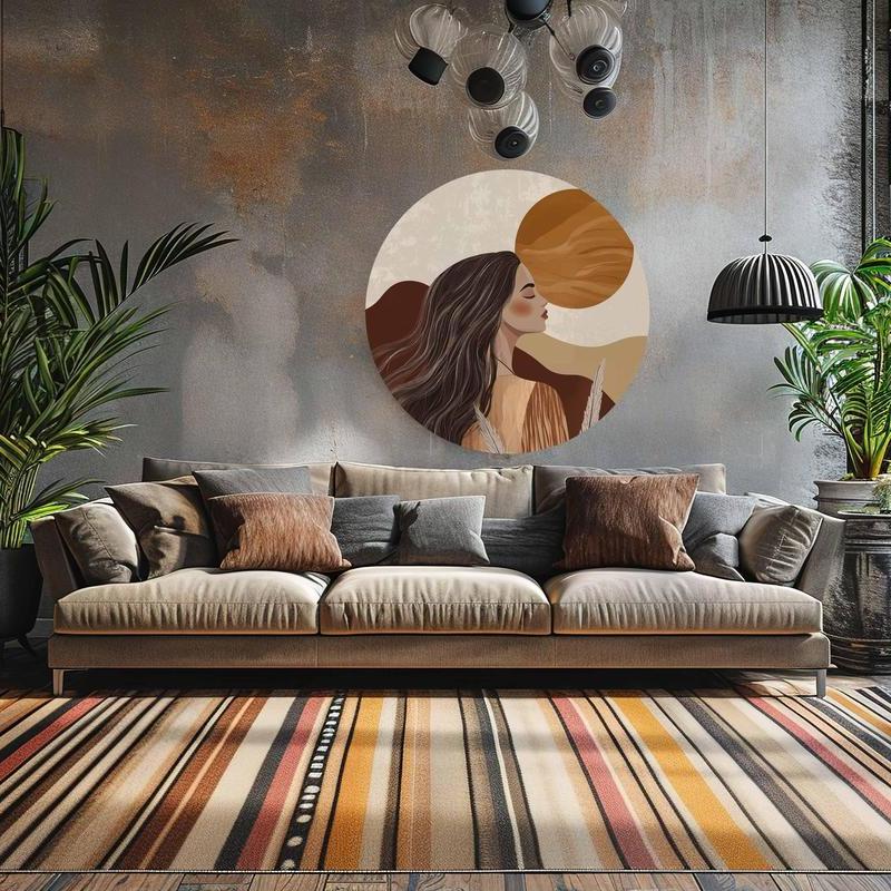 Ronde muurdecoratie met boho vrouw, zon en natuur in rustige aardetinten