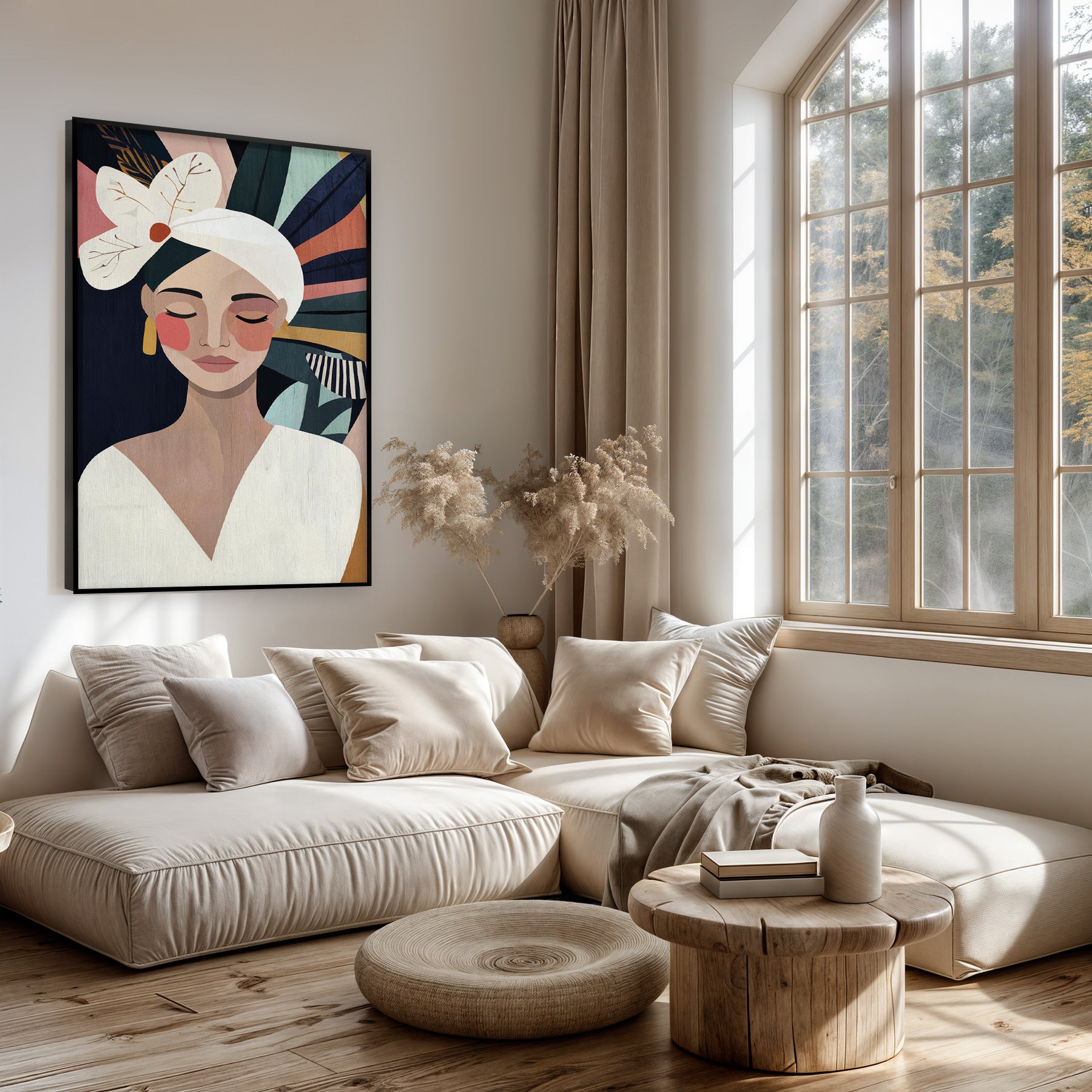 Artframe Amelia boven een lichte bank in een woonkamer.