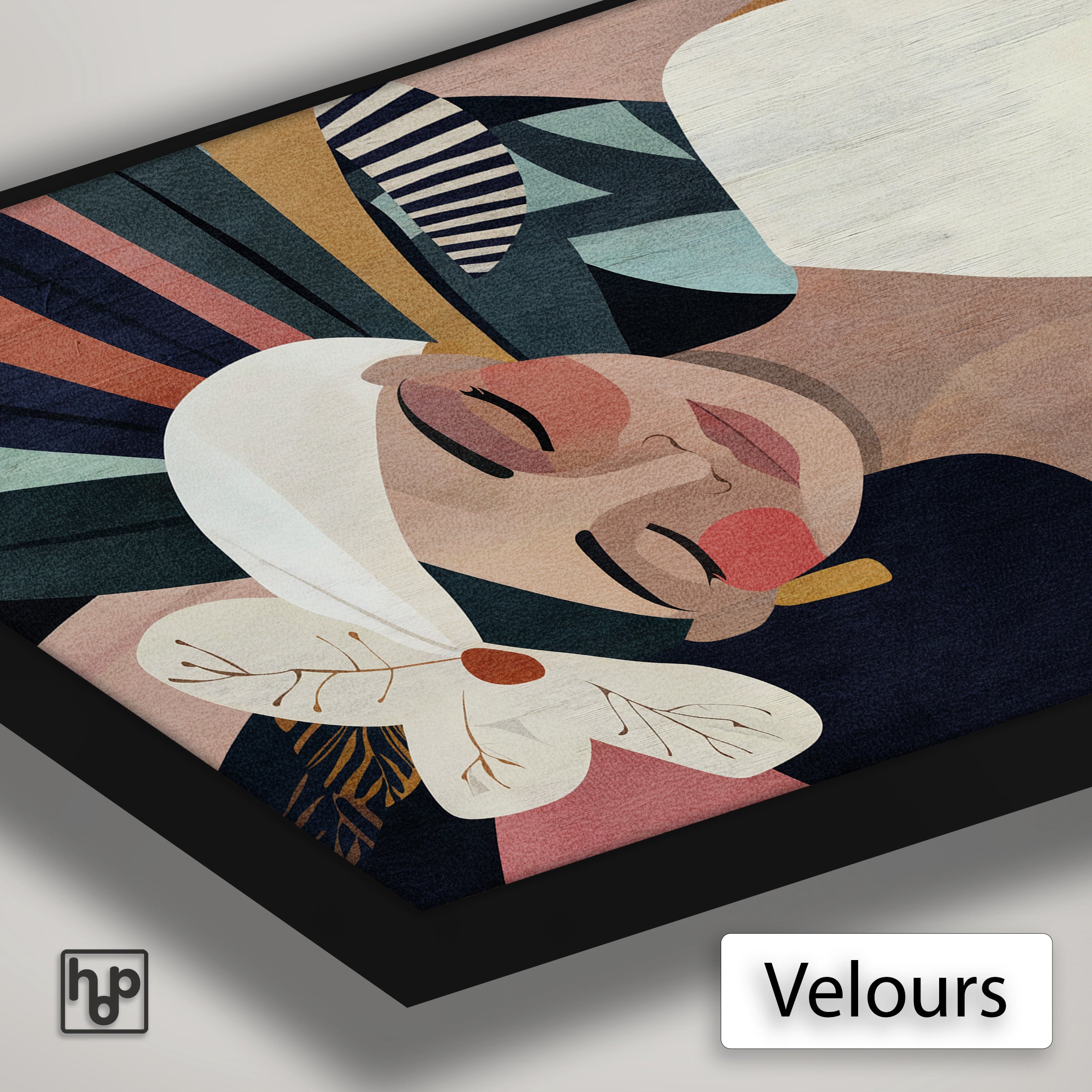 Detail van Artframe Amelia met velours doek en een zwart aluminium frame.
