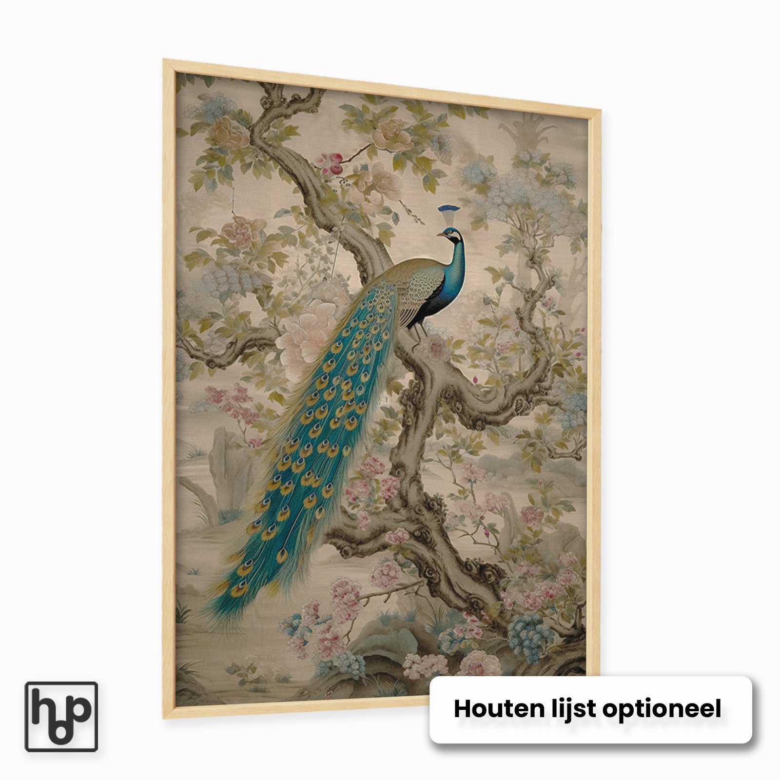 Aziatische pauw poster met kersenbloesem en kraanvogel, in een houten lijst.