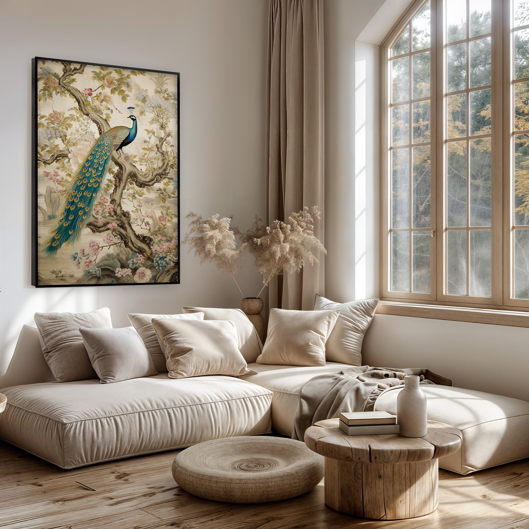 Artframe Aziatisch Pauw boven een lichte bank in een woonkamer.