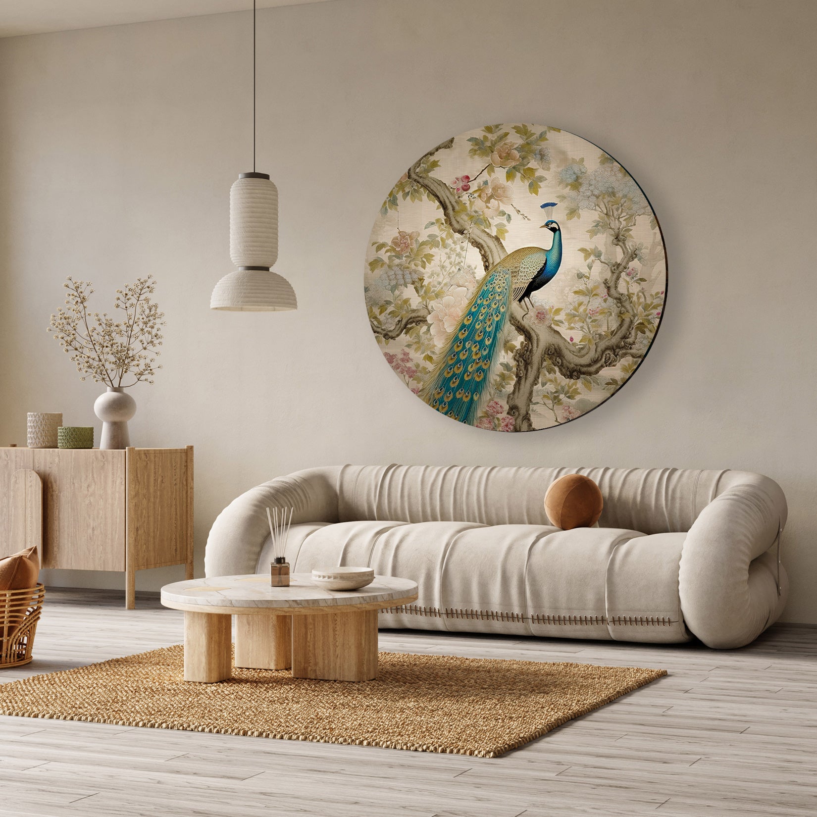Ronde muurcirkel met Aziatische pauw in blauw/groen op boomtak, omringd door bloemen.