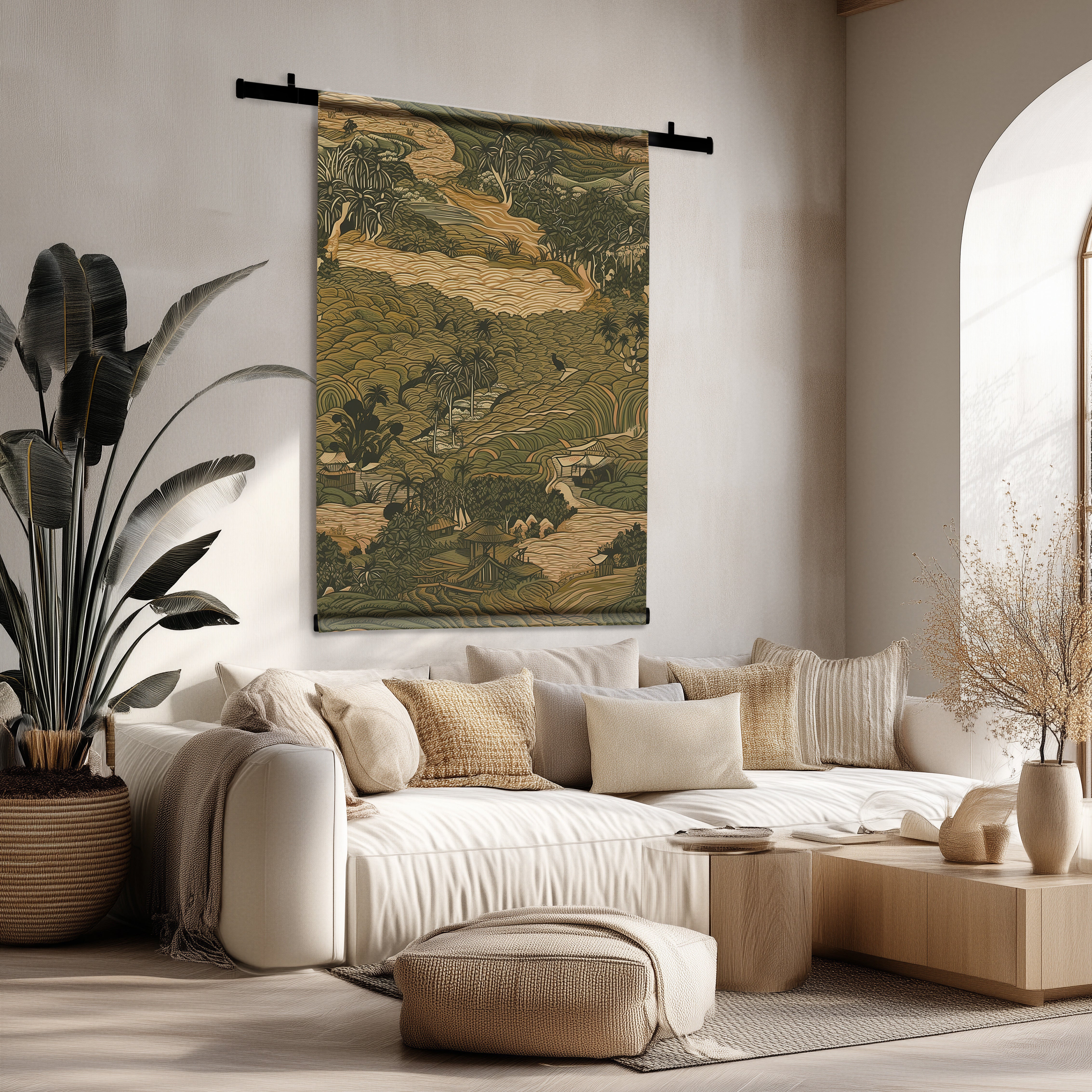 Aziatisch landschap wandkleed met palmbomen en rijstvelden in groene en beige tinten boven een witte bank.