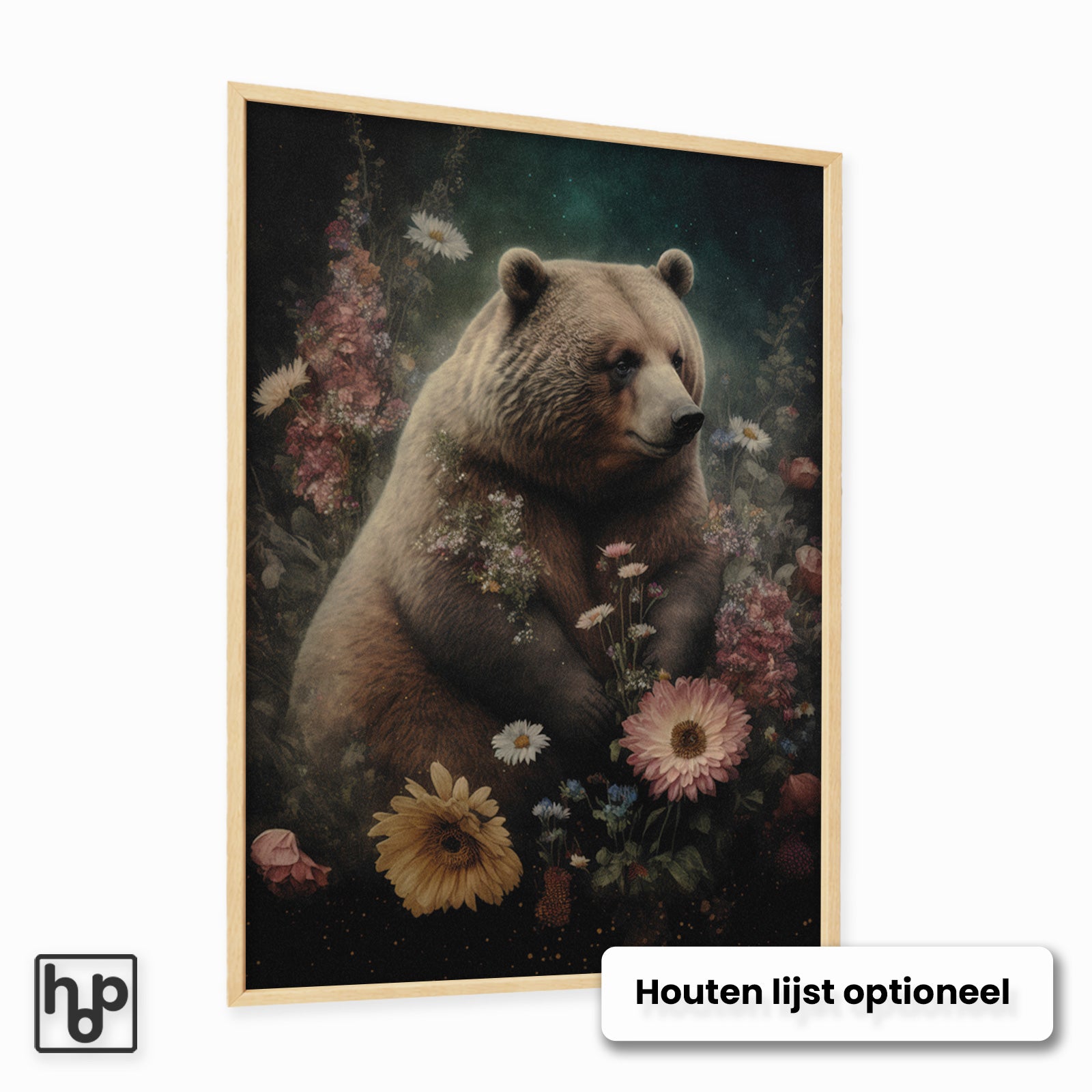 Bruine beer poster in botanische vintage stijl, omringd door kleurrijke bloemen, met optionele houten lijst.