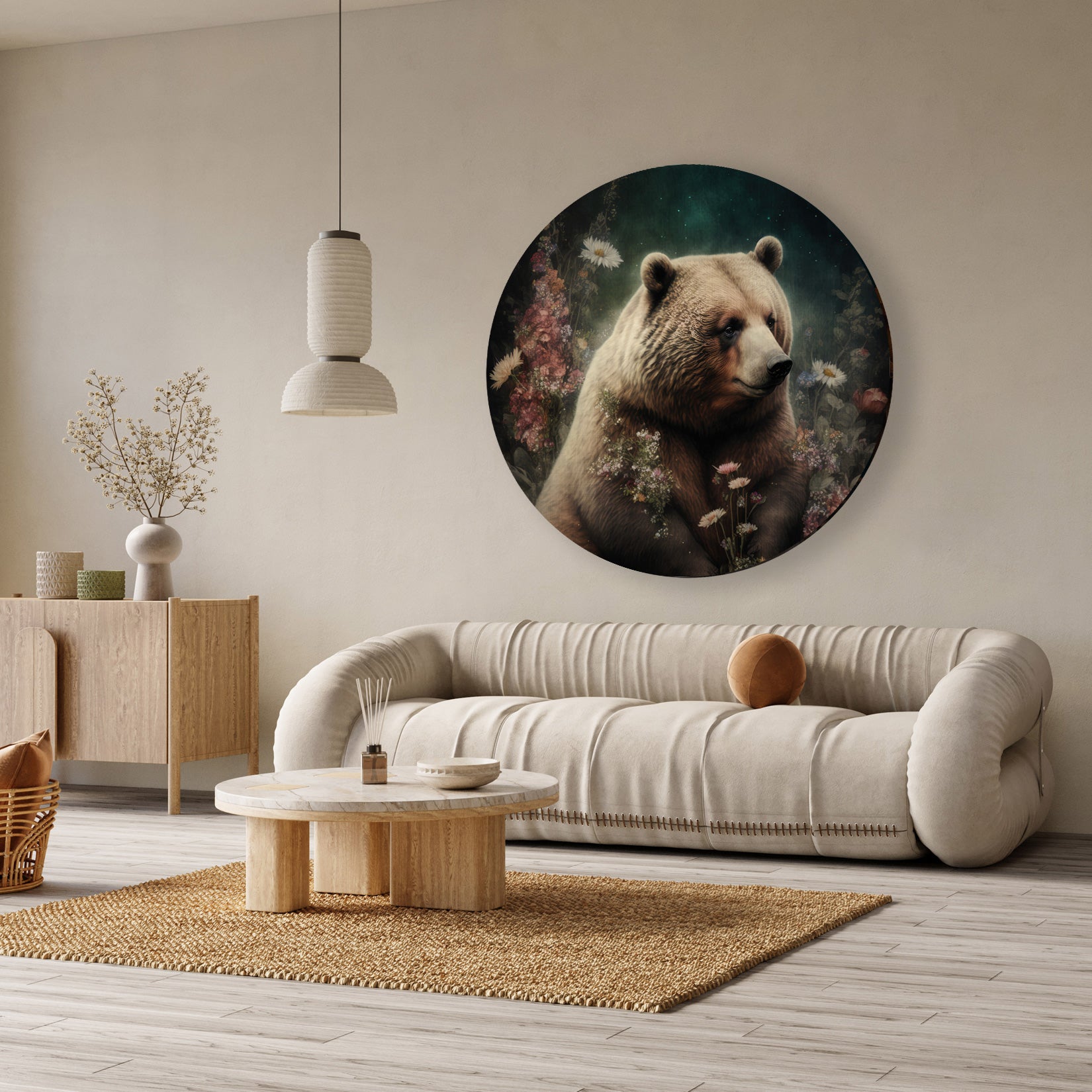 Ronde akoestische wanddecoratie met bruine beer en bloemen, in een modern interieur.