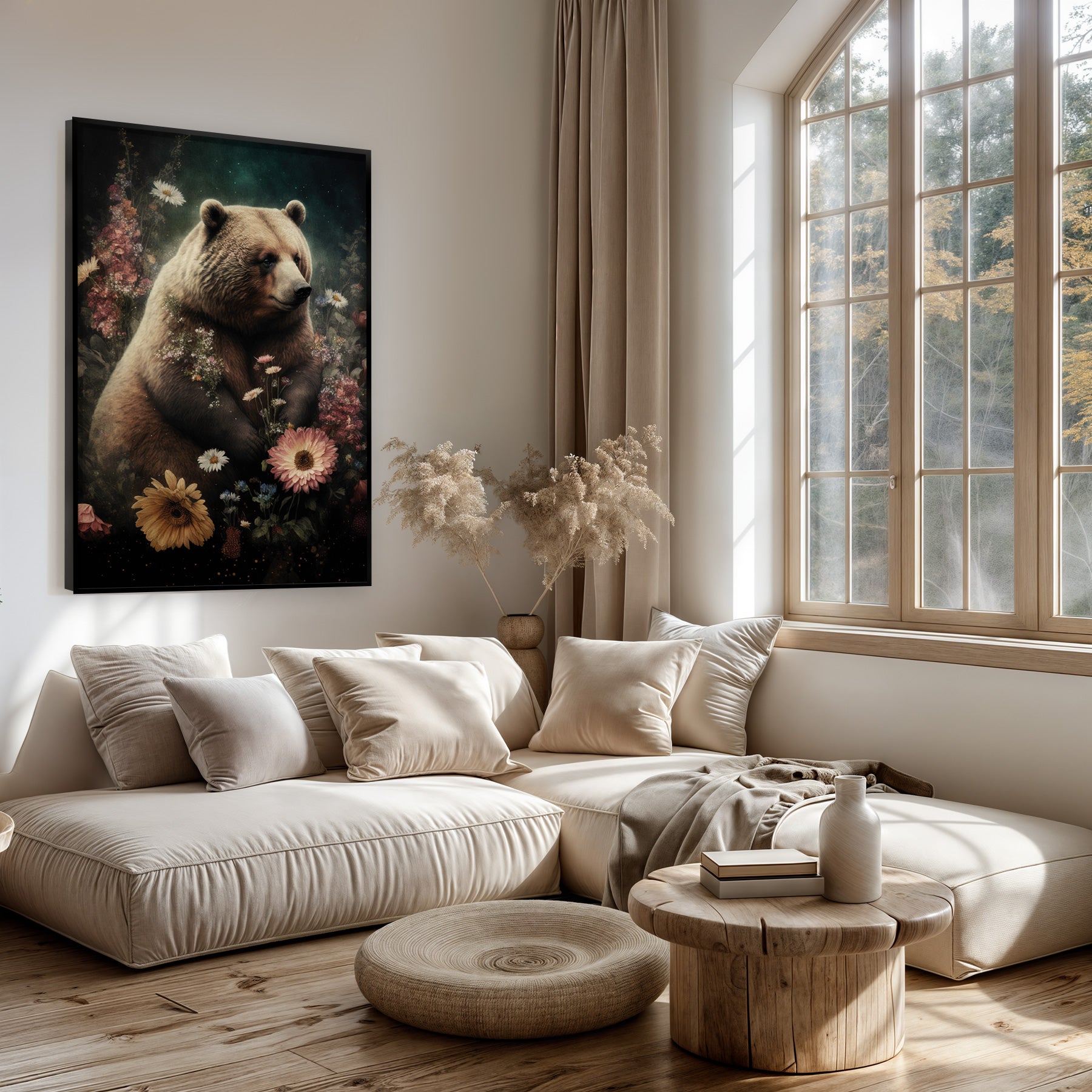Artframe Bear boven een lichte bank in een woonkamer.