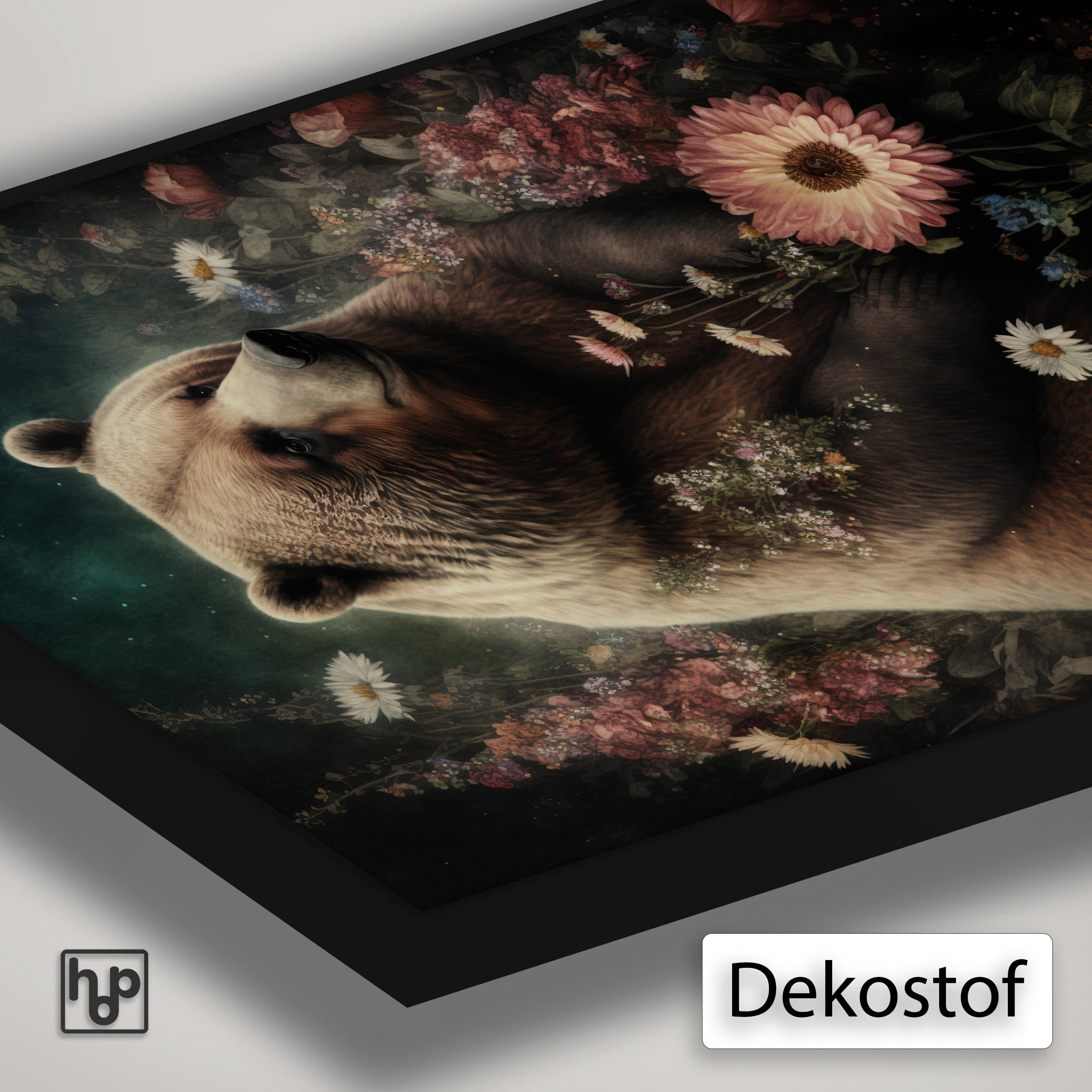 Detail van Artframe Bear met dekostof en een zwart aluminium frame.