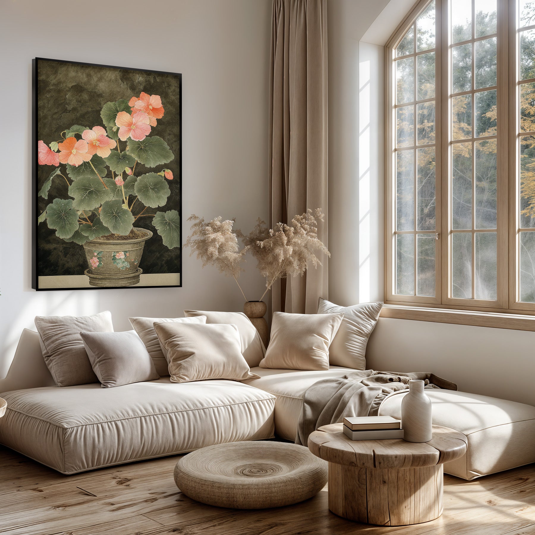 Artframe Begonia boven een lichte bank in een woonkamer.