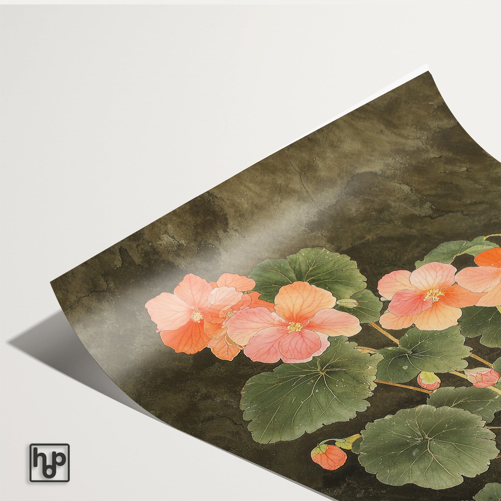 Detail van papieren poster Begonia met een licht omkrullende hoek.