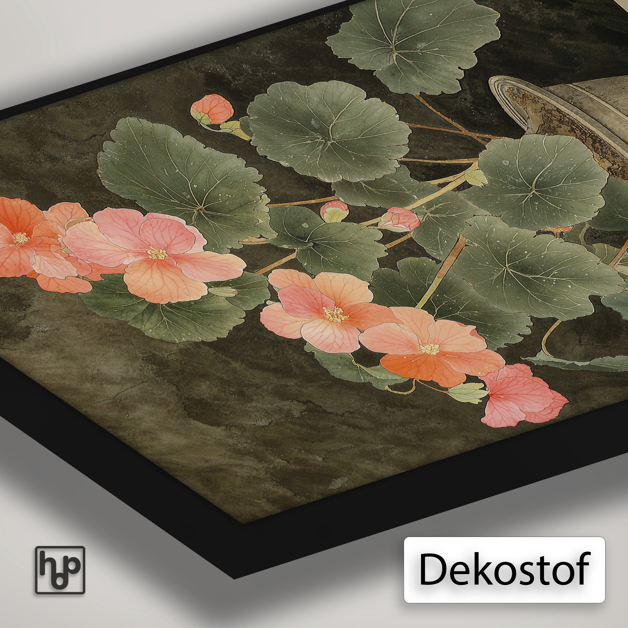 Detail van Artframe Begonia met dekostof en een zwart aluminium frame.