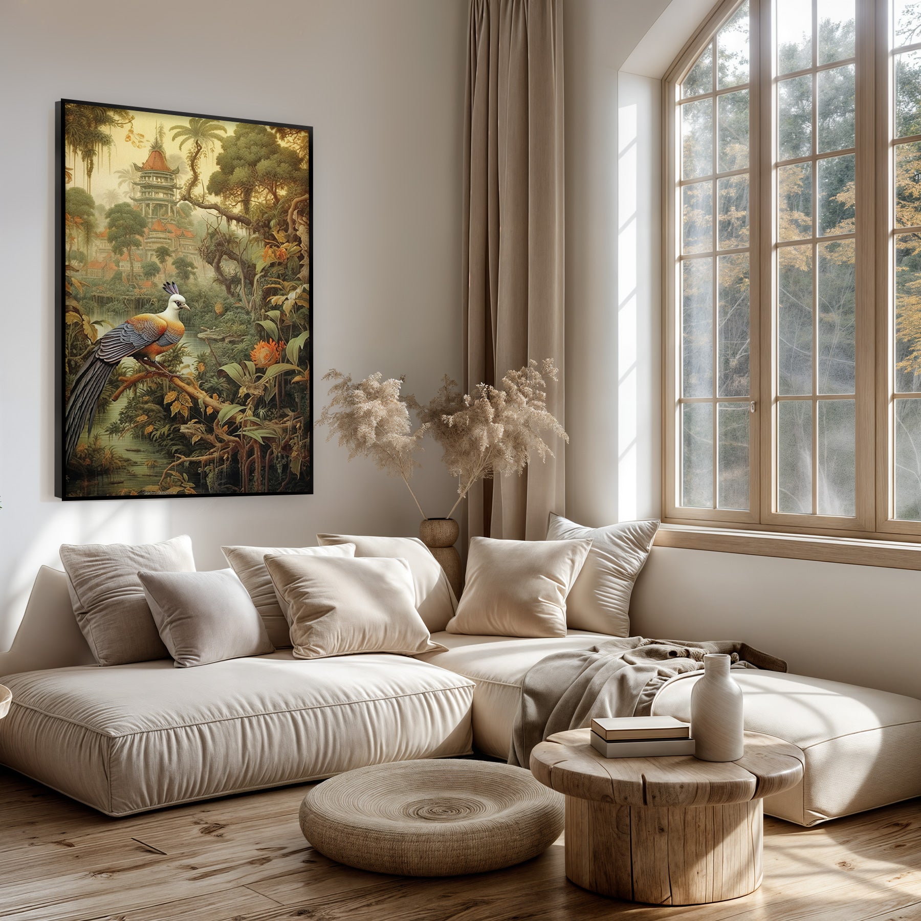 Artframe Vogel boven een lichte bank in een woonkamer.