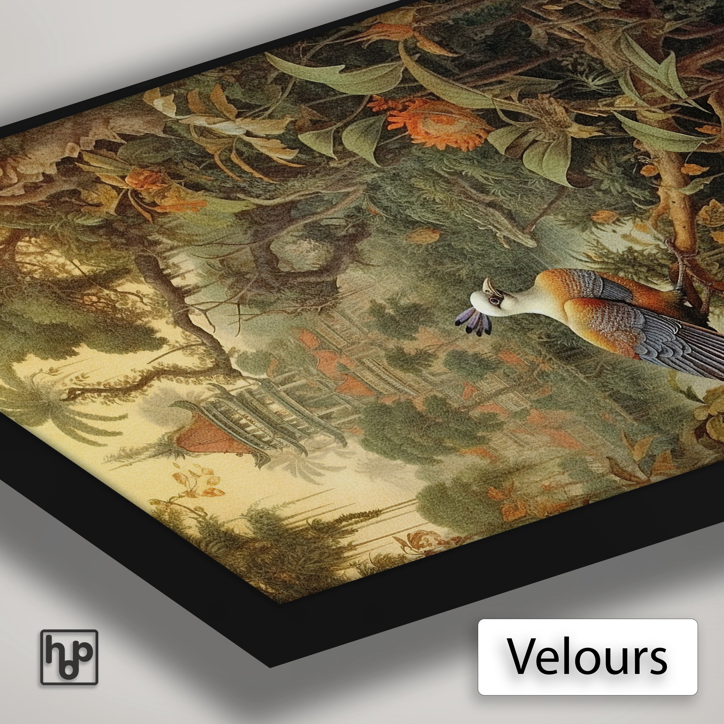 Detail van Artframe Vogel met velours doek en een zwart aluminium frame.